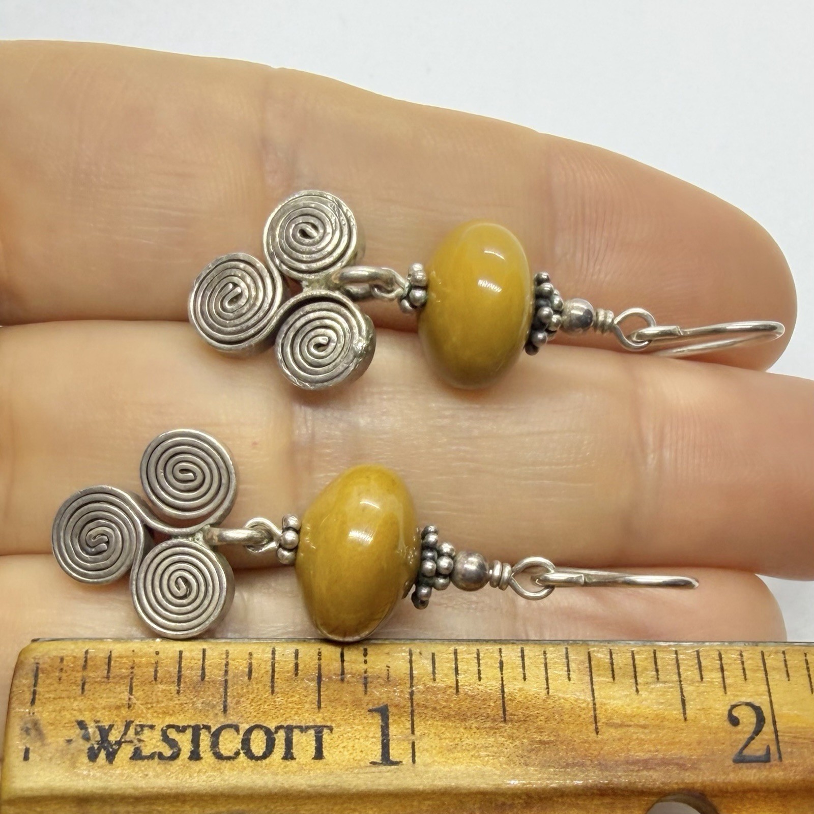 Vtg Boho Mustard Yellow Stone Sterling Silver Spiral Charm Dangle Earrings Hook