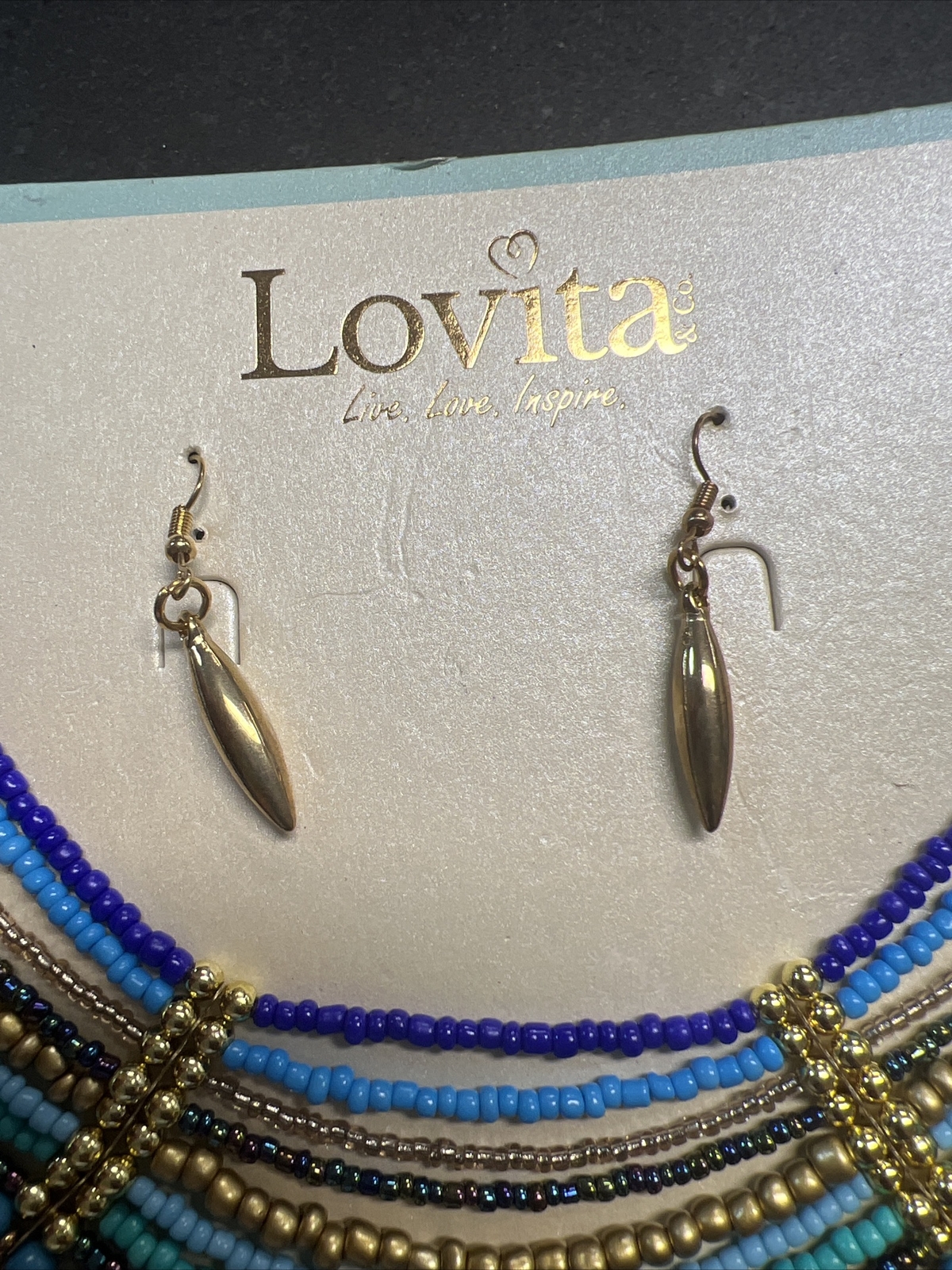 New With Tags Lovita & Co Harbor Mist Beaded Necklace & Golden Earring Set