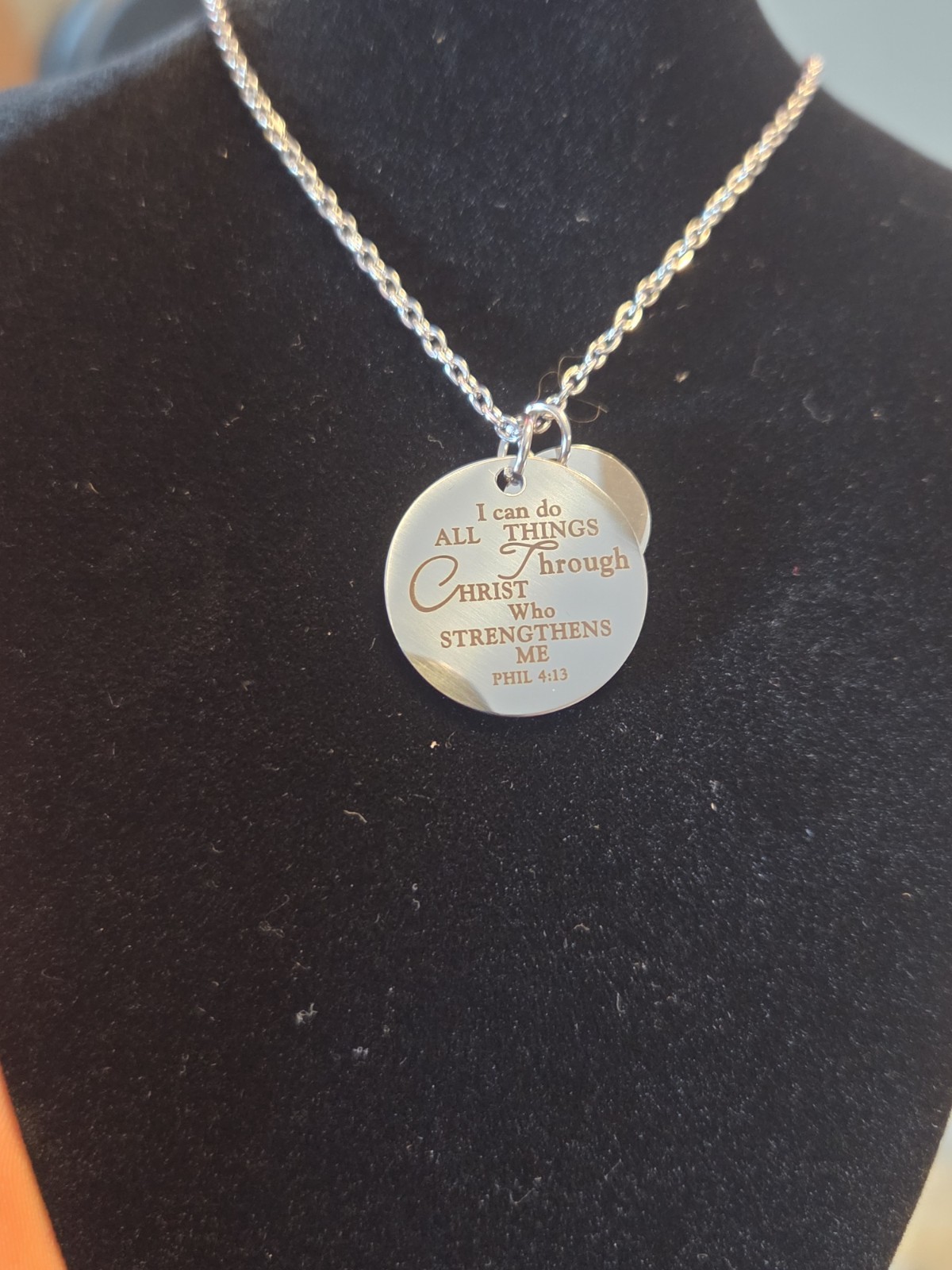 Silver Round Unisex Bible Verse Phil 4:13 Necklace Stainless Steel Pendant Chain