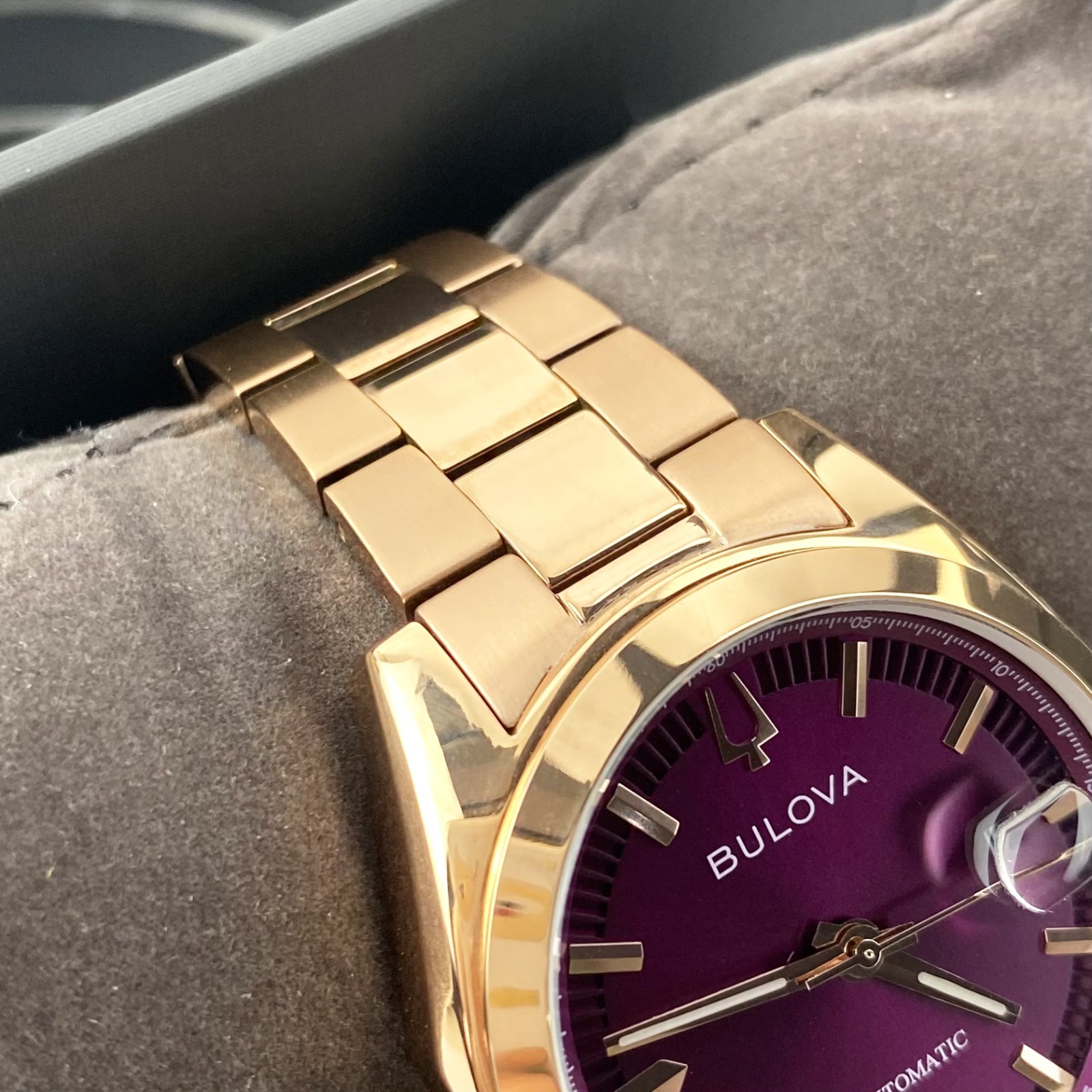 Bulova Surveyor Men’s 97B234 Automatic Watch Purple Dial Rose Gold Tone 39mm
