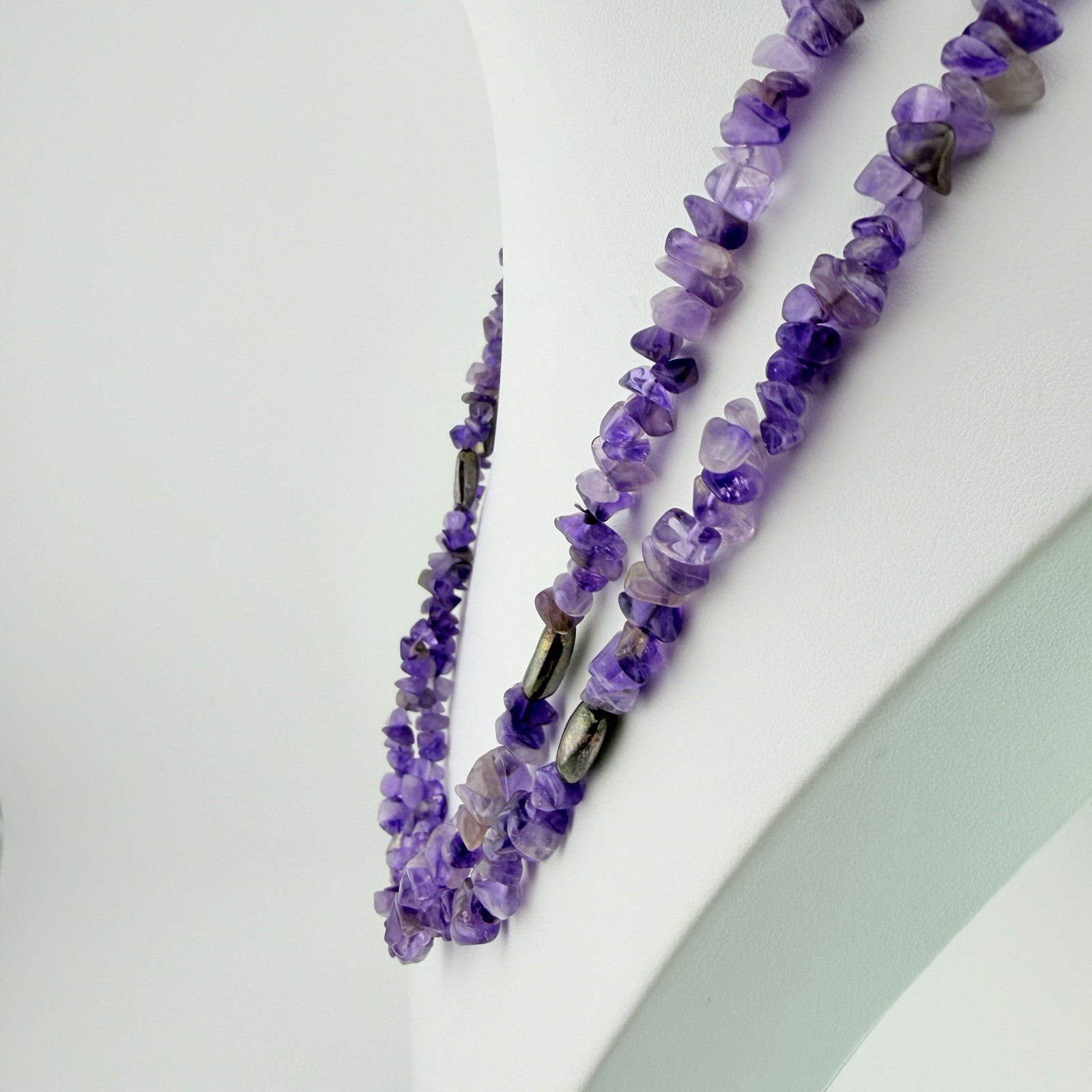 Amethyst Chip Necklace 39.5” Long Strand Hematite Beads 925 Sterling Clasp