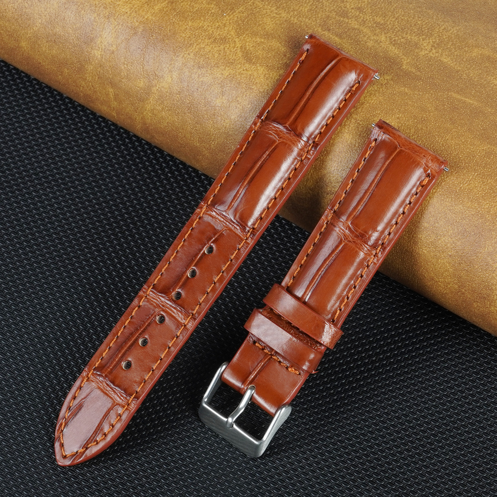 Brown Leather Watch Strap Real Crocodile Leather Padded Watch Band Men Classic