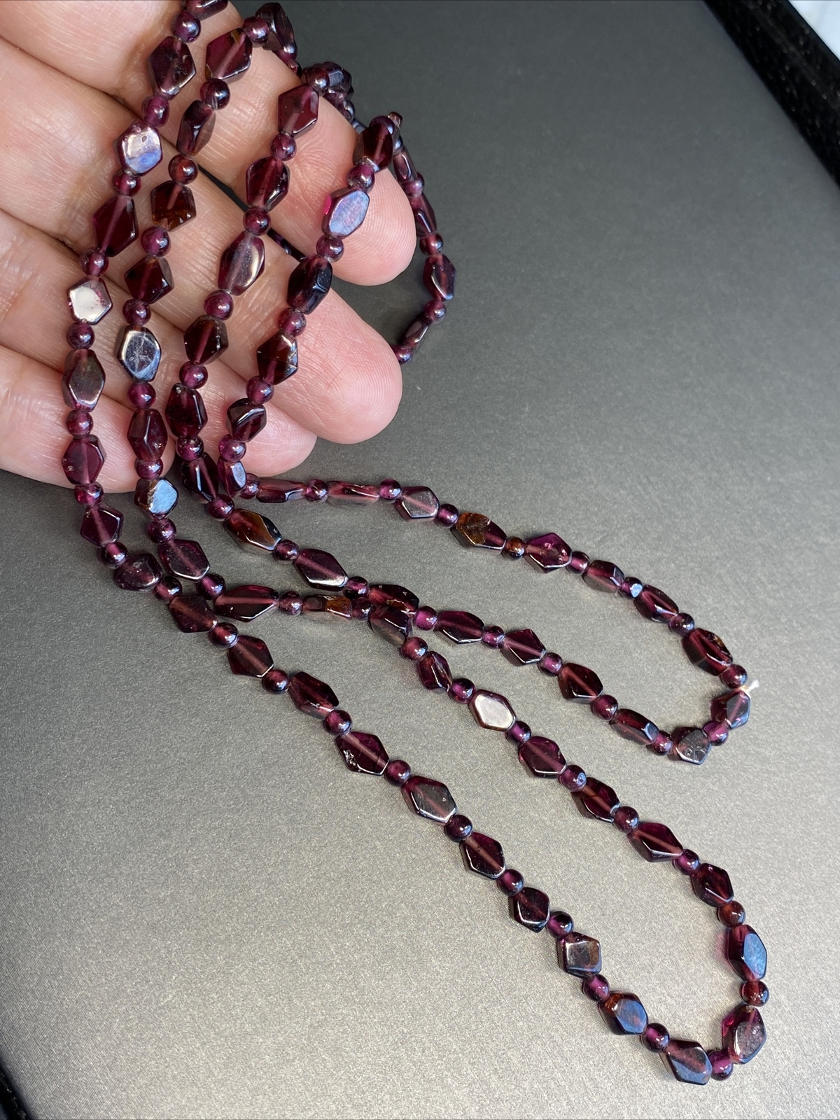 Genuine Almandine Garnet Unusual Geometric Rhombus Bead Necklace Clasp-Free 36″