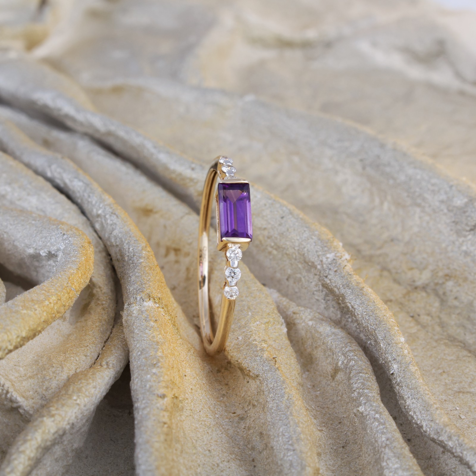 0.35 Tcw Emerald Cut Amethyst Diamond East West Bezel Ring 9K Yellow Gold Gift