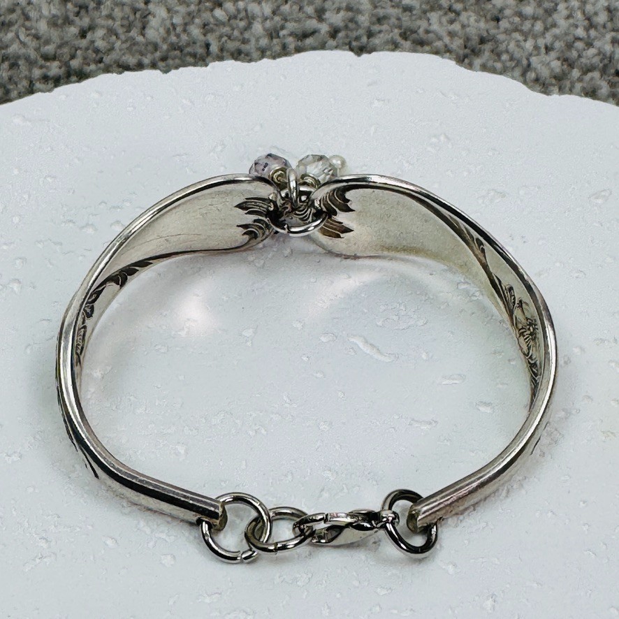 Vtg Silverware Double Handle Bangle Bracelet Silverplate Purple Clear & Pearls