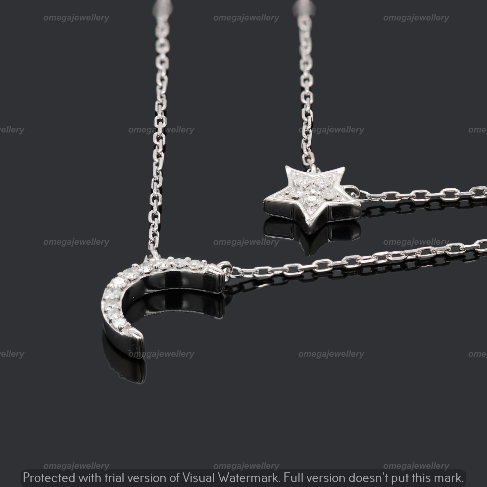 0.10 Ct Natural I2 H Diamond Star & Moon Chain Necklace 14K White Gold 18″