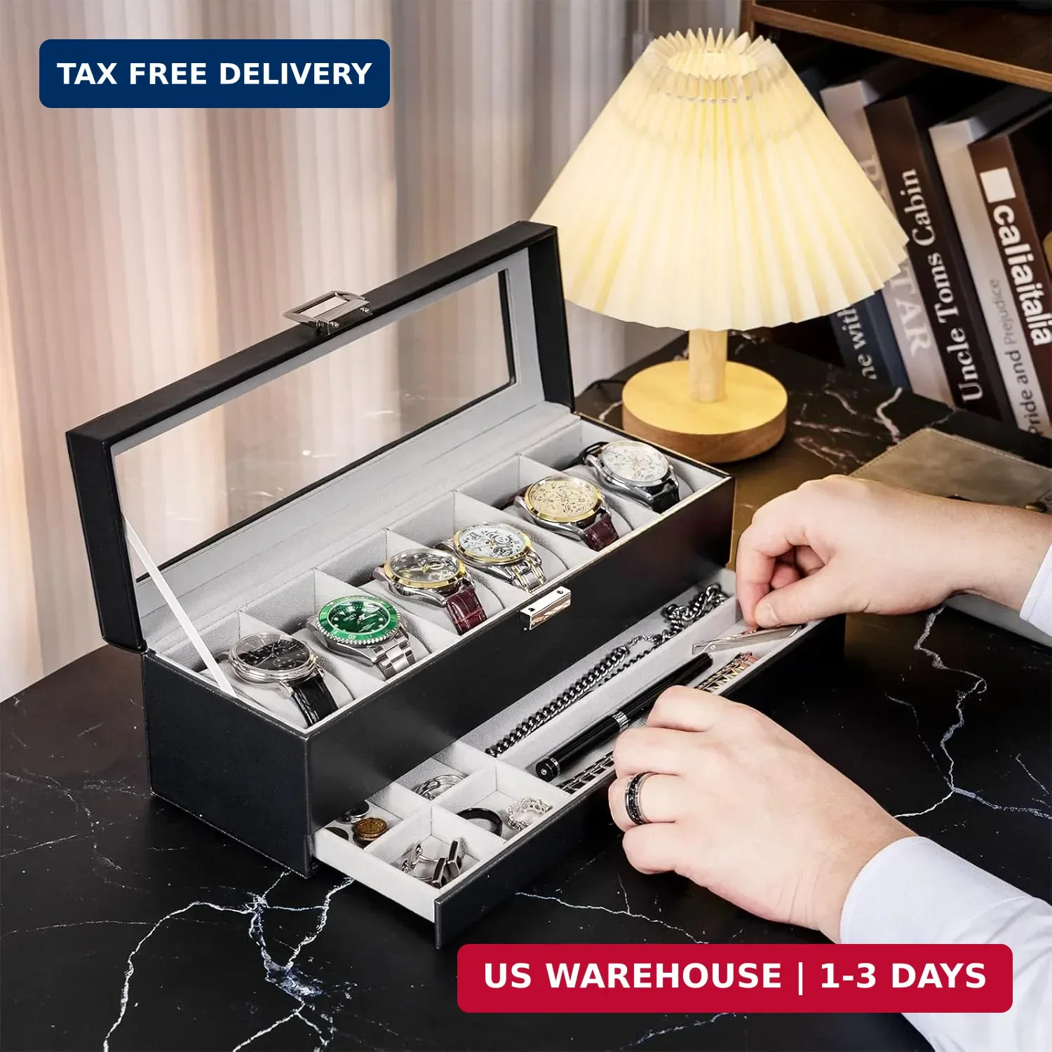 ProCase Watch Box, 6 Slot Watches Display Case with Drawer, Mens Watch Case with