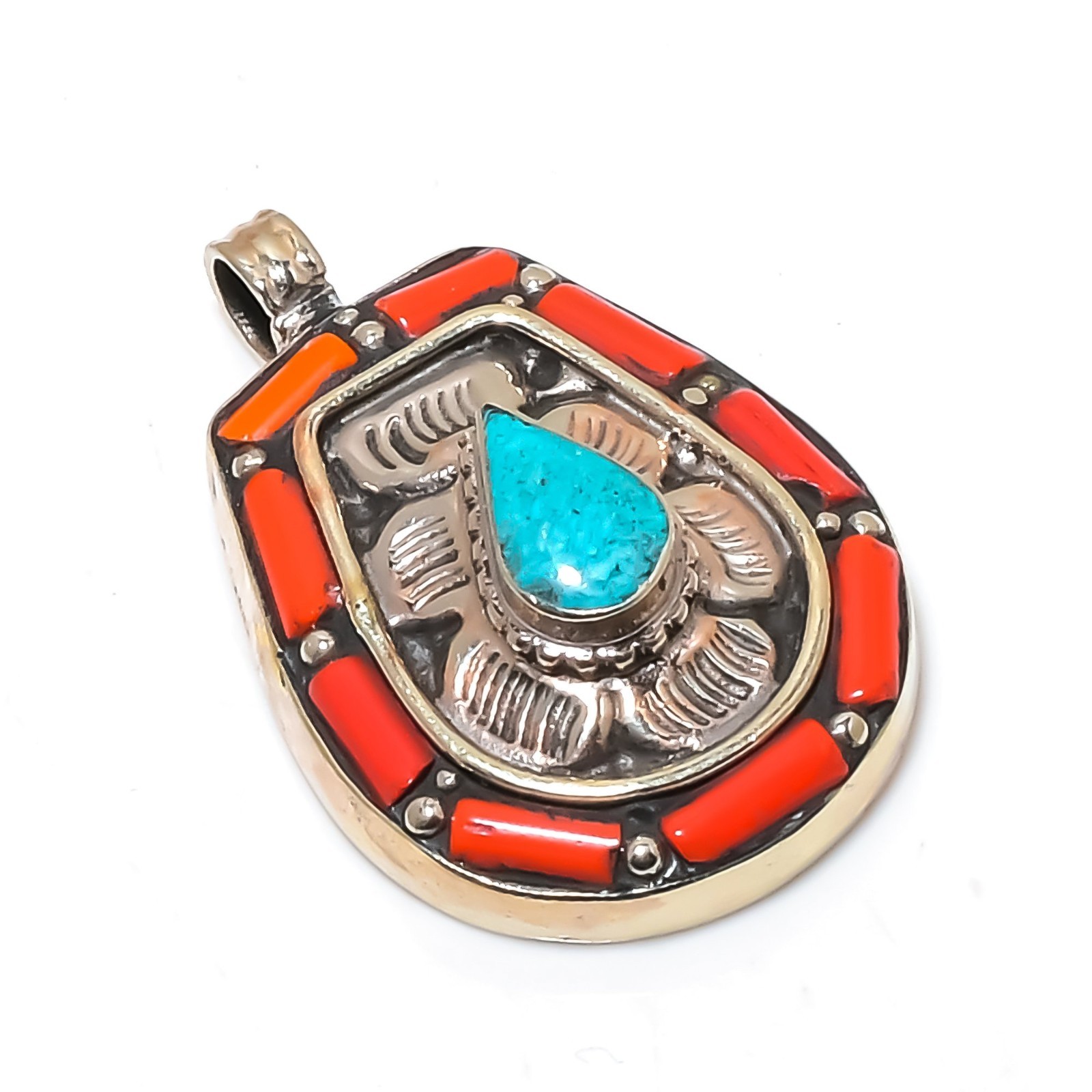 Coral ,Turquoise Gemstone Handmade 925 Sterling Silver Bohemian Jewelry Pendant