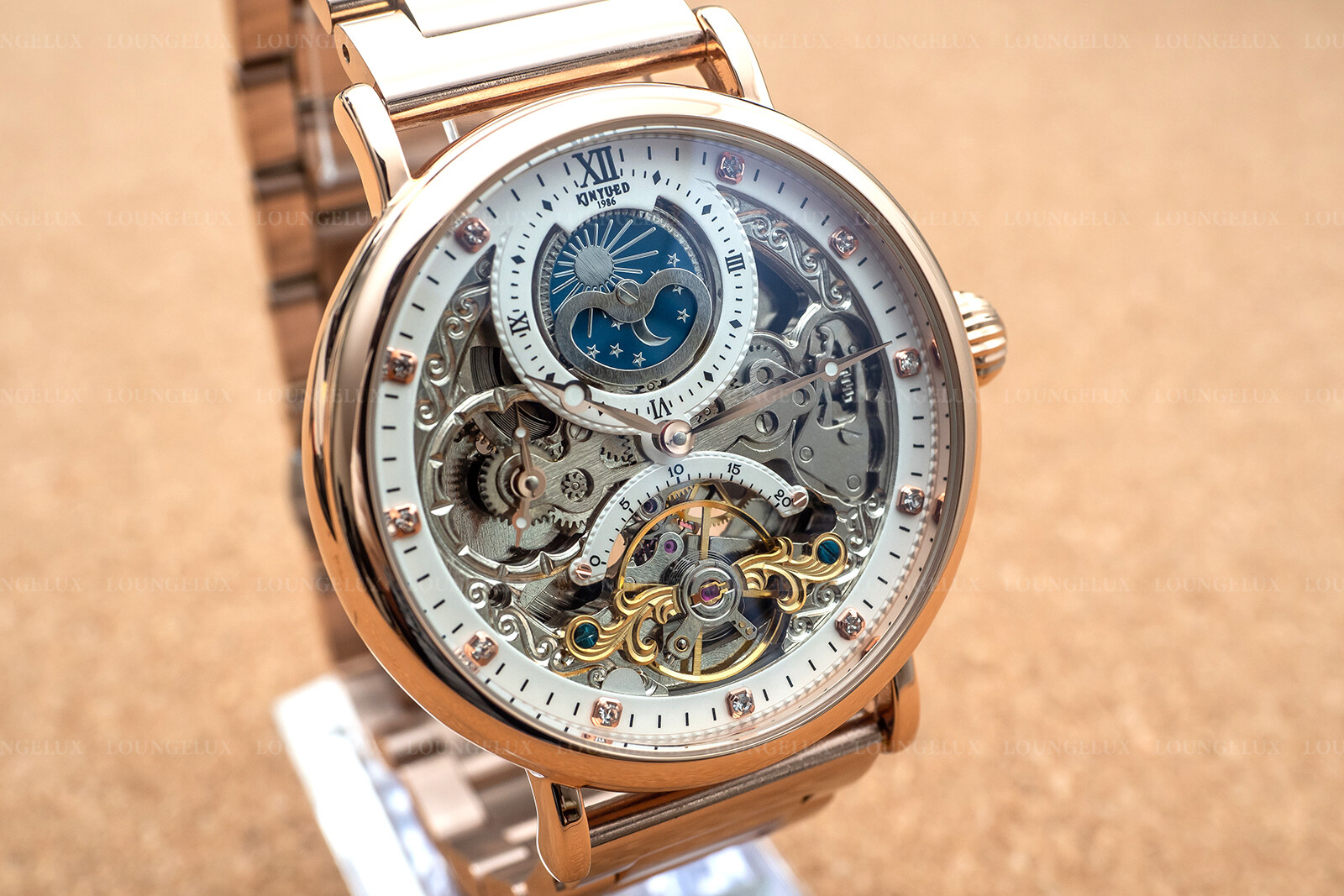 Mens Dual Time Flywheel Automatic Mechanical Watch Rose Gold Stainless Steel