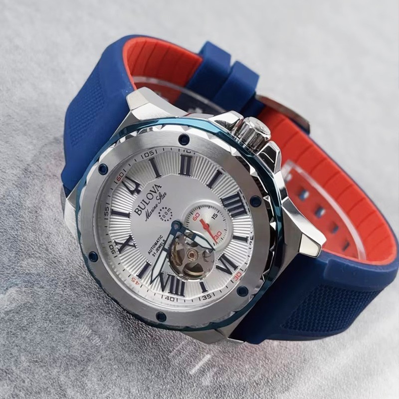 Bulova Marine Star 98A225 Automatic Men’s Watch White Dial Blue Rubber Strap