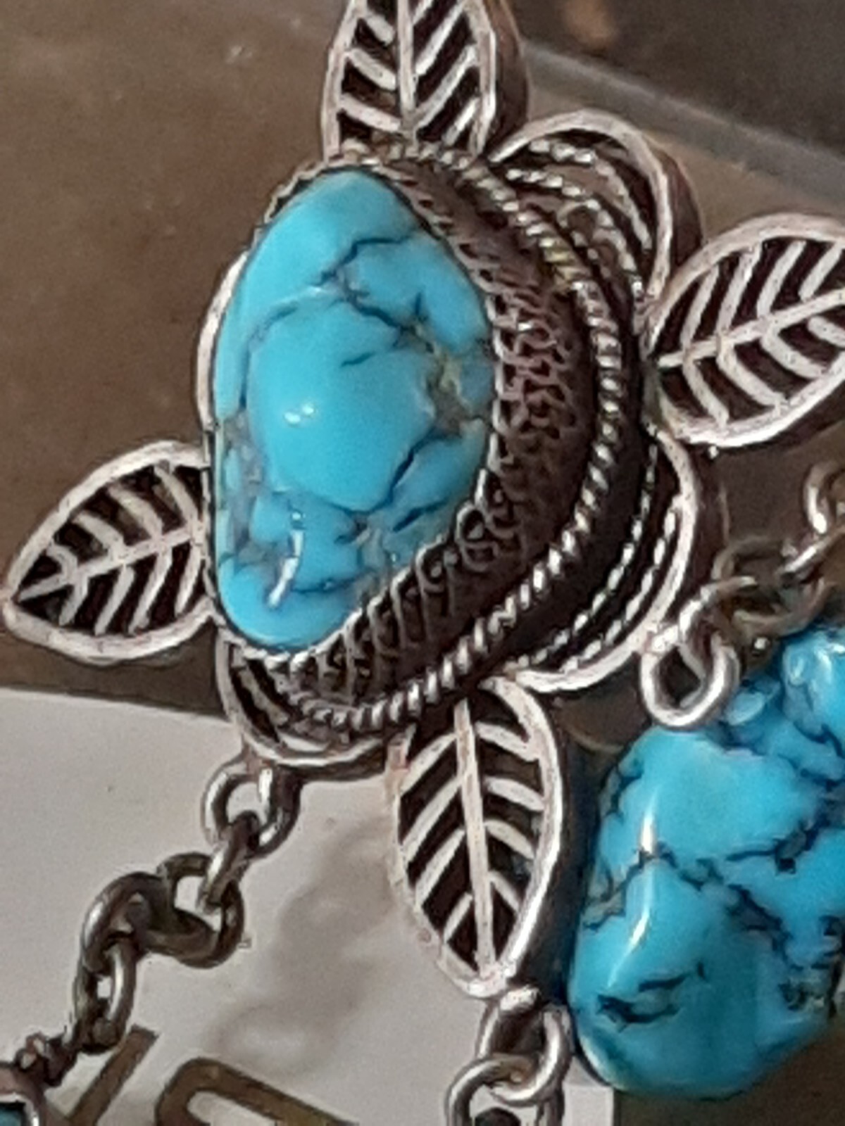 Antique Vintage Chinese Export Turquoise 800 Silver Filigree Earrings Chandelier