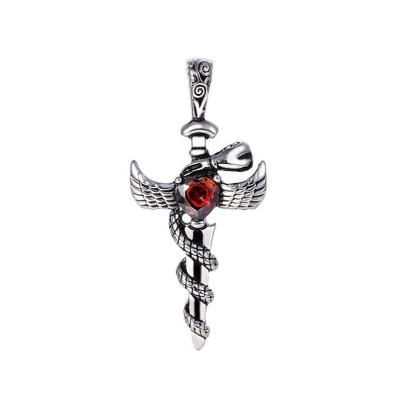 Antique 316 Stainless Sword Snake Wing Wheat Chain Red Unisex Vintage Necklace