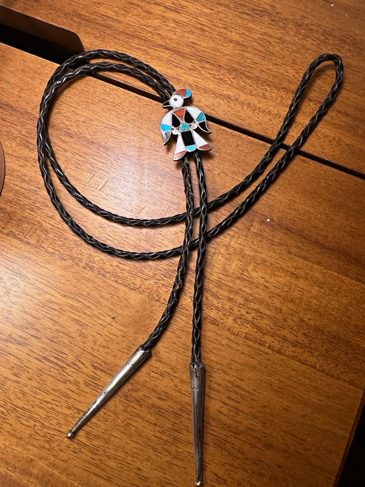 Vintage Circa 1950 Zuni Sterling Silver Mosaic Inlay Thunderbird Bolo Tie