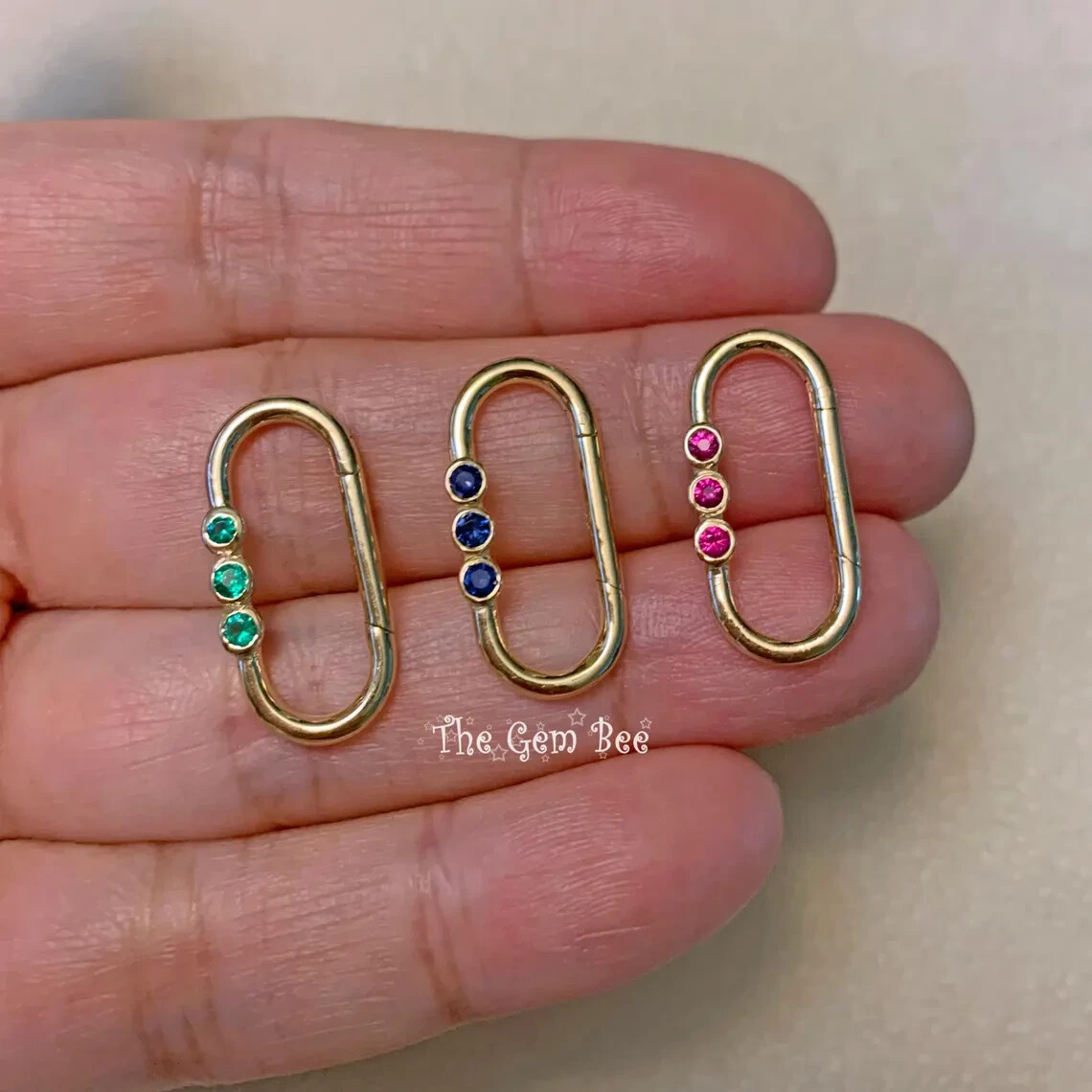 10mmx21.5mm 14K Yellow Gold Blue Sapphire Charm Holder Snap Lock Carabiner