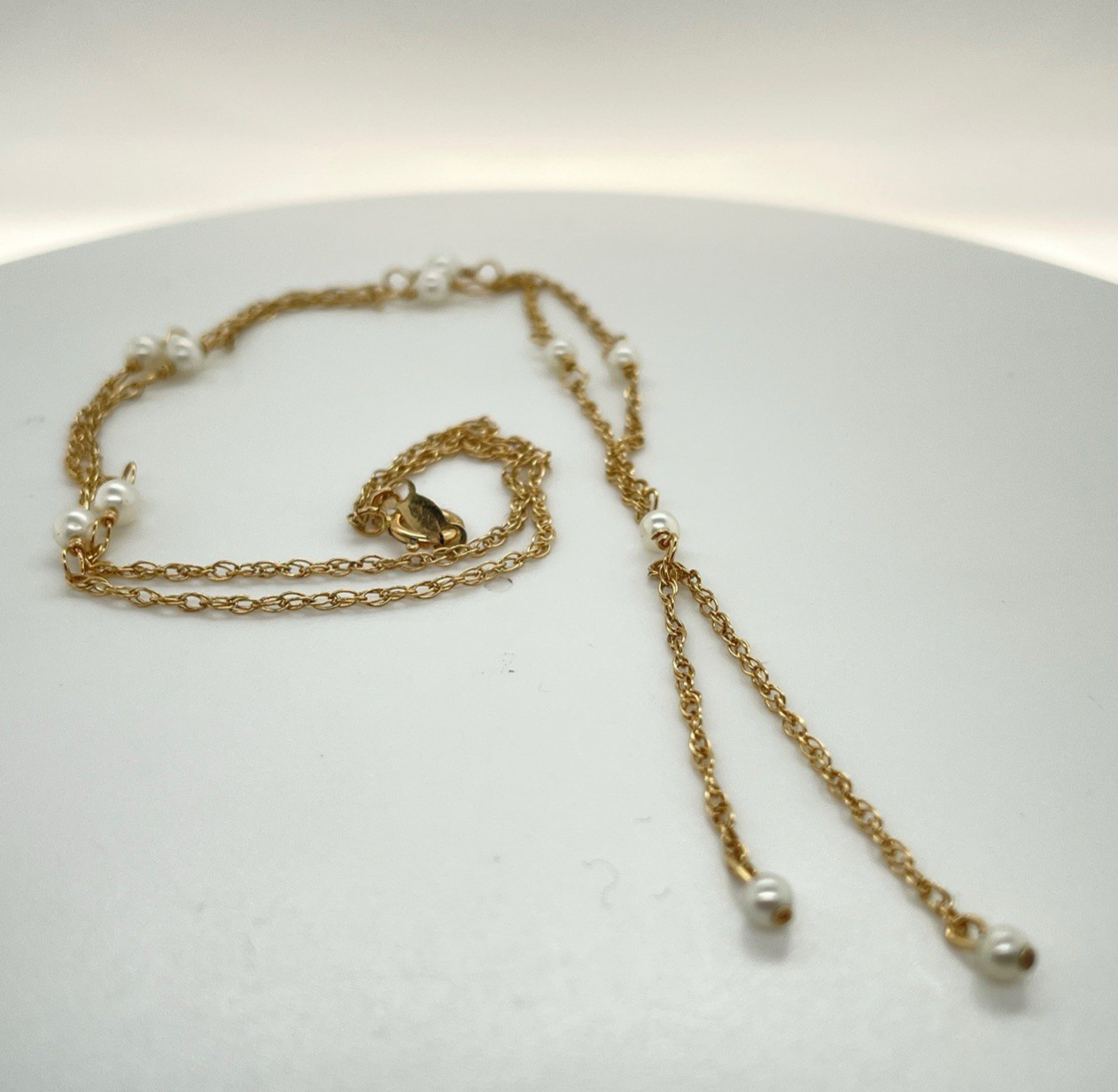 14k Yellow Gold Round Pearl Y Necklace 16 1/4” – 2 Grams