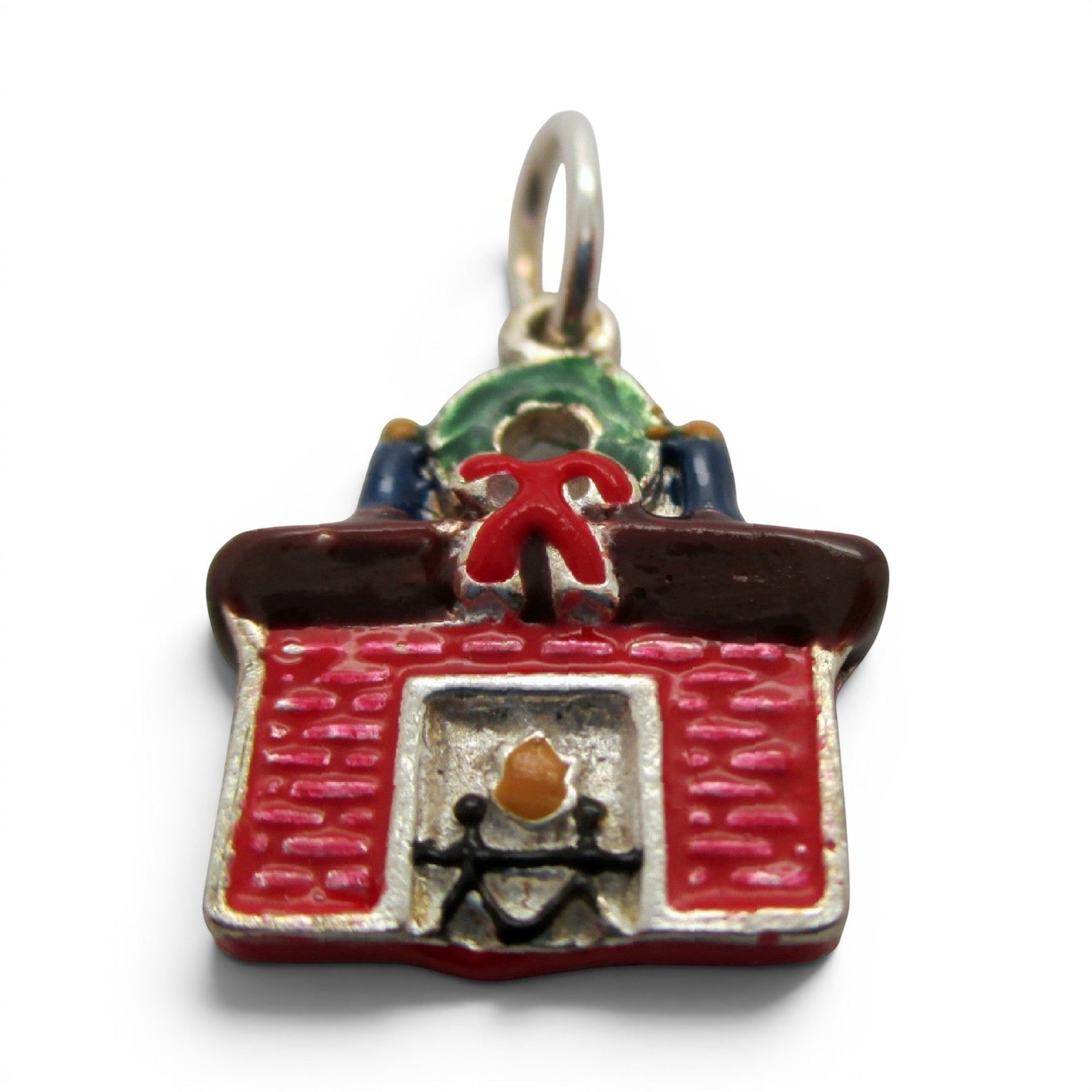 Sterling Slver Enamel Fireplace Charm for Bracelet Christmas Wreath Vintage