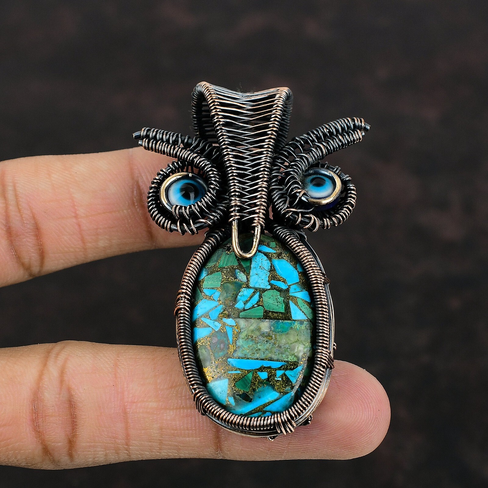 Blue Turquoise Gemstone Jewelry Copper Sister Gift Wire Wrapped Owl Pendant 2.6″