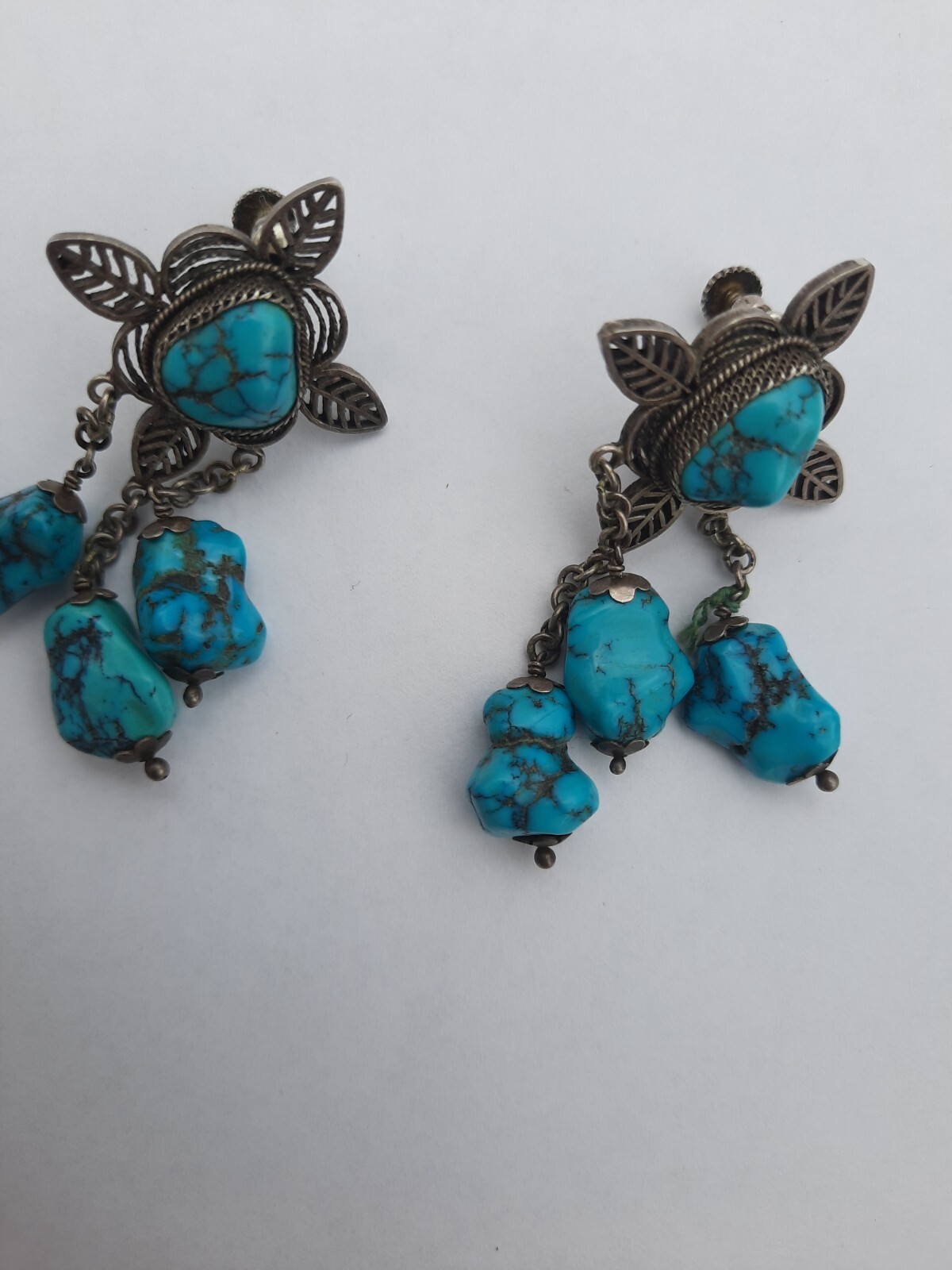Antique Vintage Chinese Export Turquoise 800 Silver Filigree Earrings Chandelier