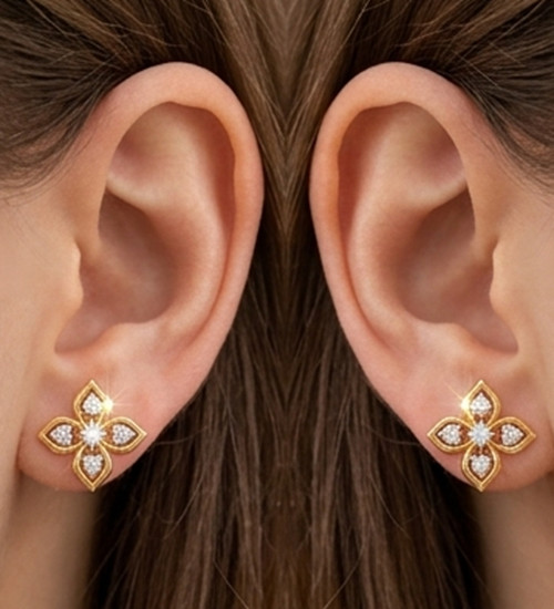Simulated Diamond Quatrefoil Flower Cluster Stud Earrings 14K Yellow Gold Plated