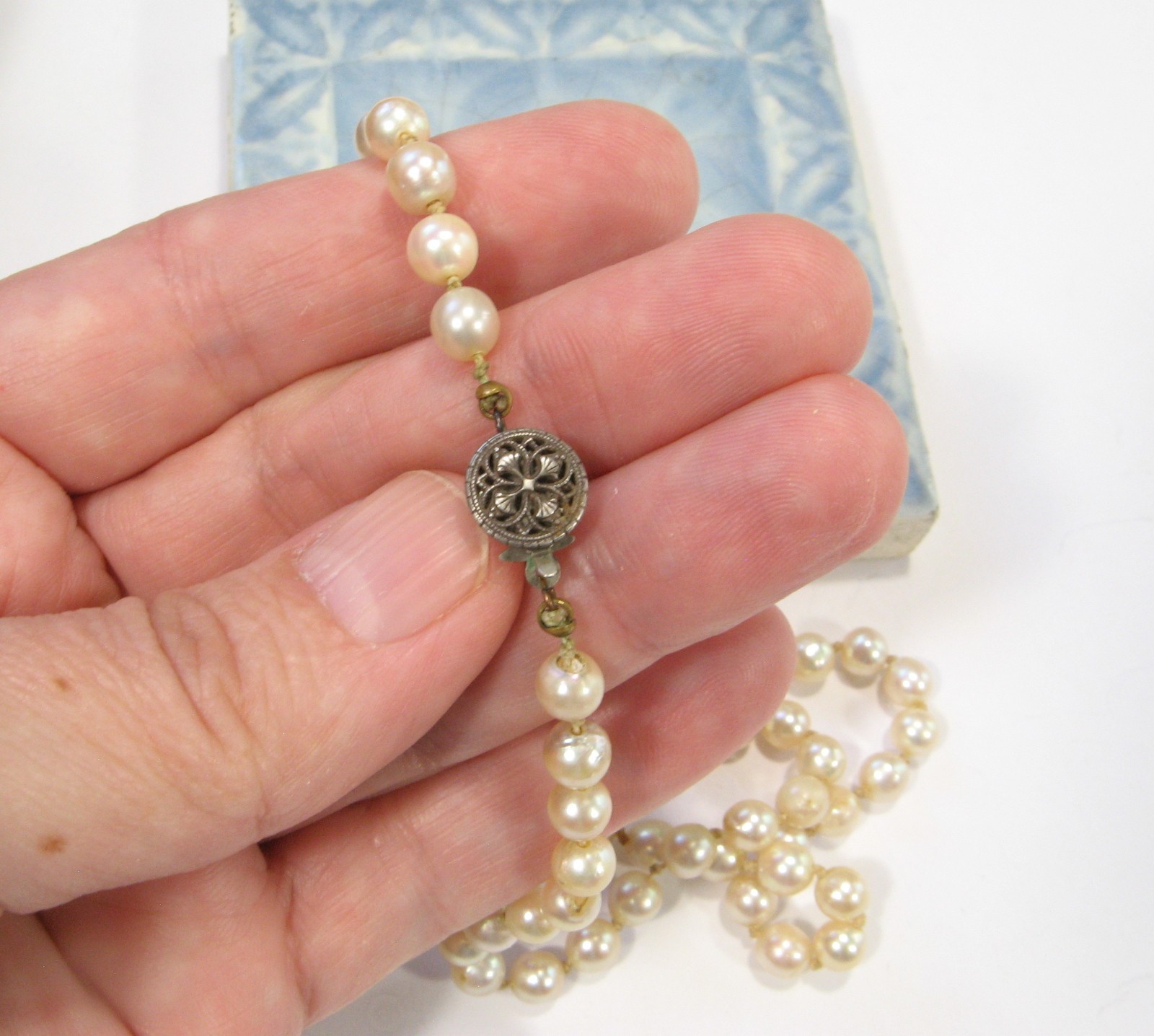 Vintage AKOYA Cultured PEARL Hand-knotted NECKLACE 6mm Sterling Silver 17.75″