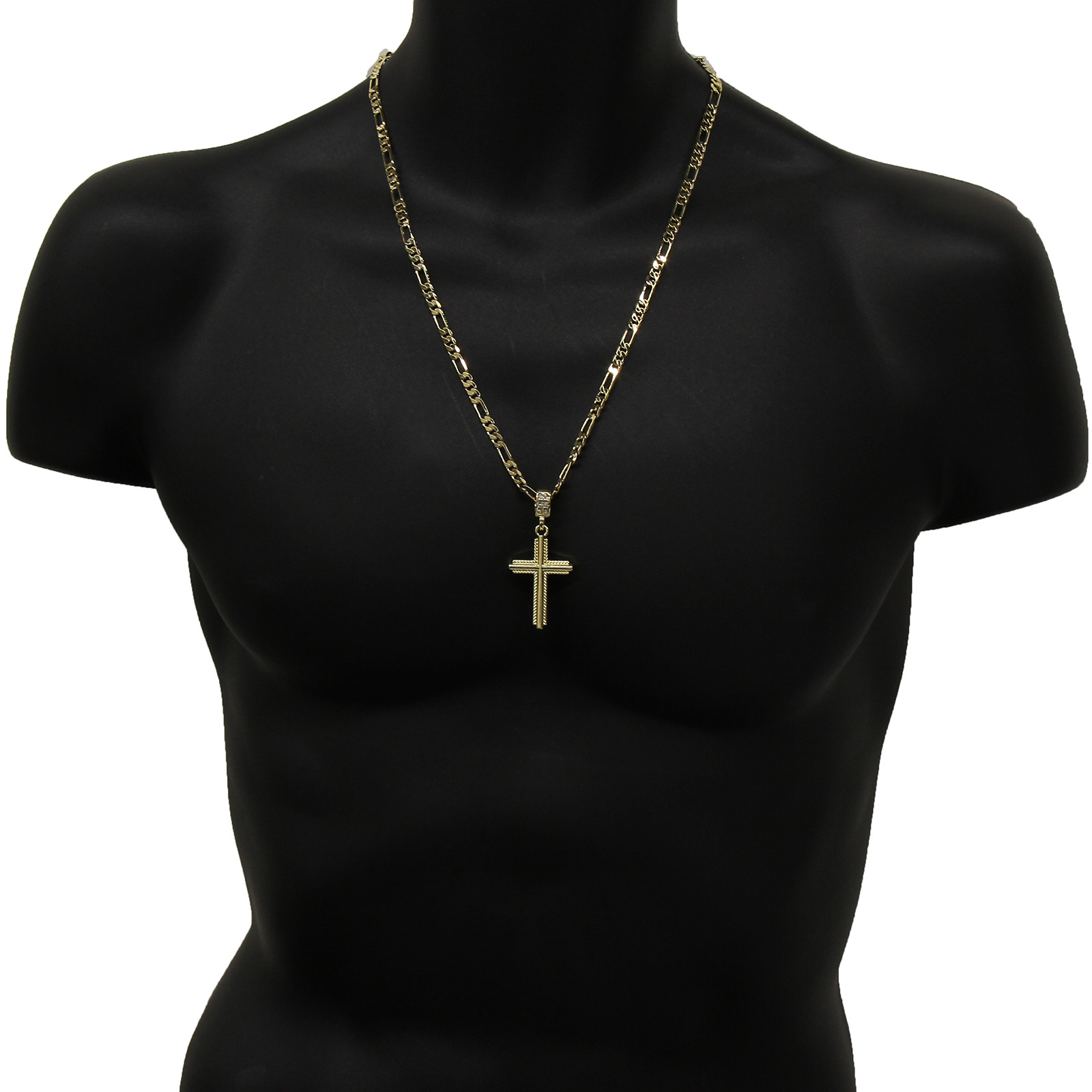14k Gold Plated Braided Cross Pendant 24″ Figaro Necklace Chain Cubic Zirconia