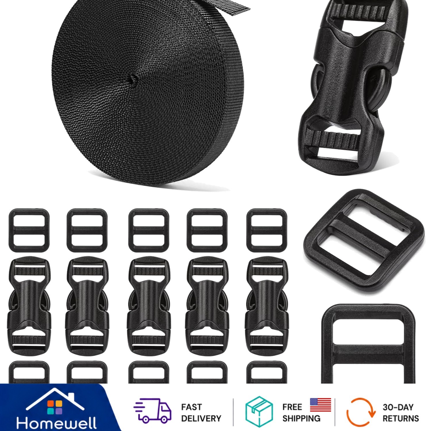 Complete 5/8″ Strap & Buckle Kit: 6 Yards Nylon, 6 Adjustable Buckles