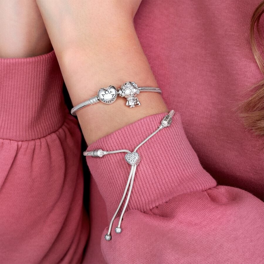 NWB PANDORA Moments Pave Heart Clasp Snake Chain Slider Bracelet Adjustable