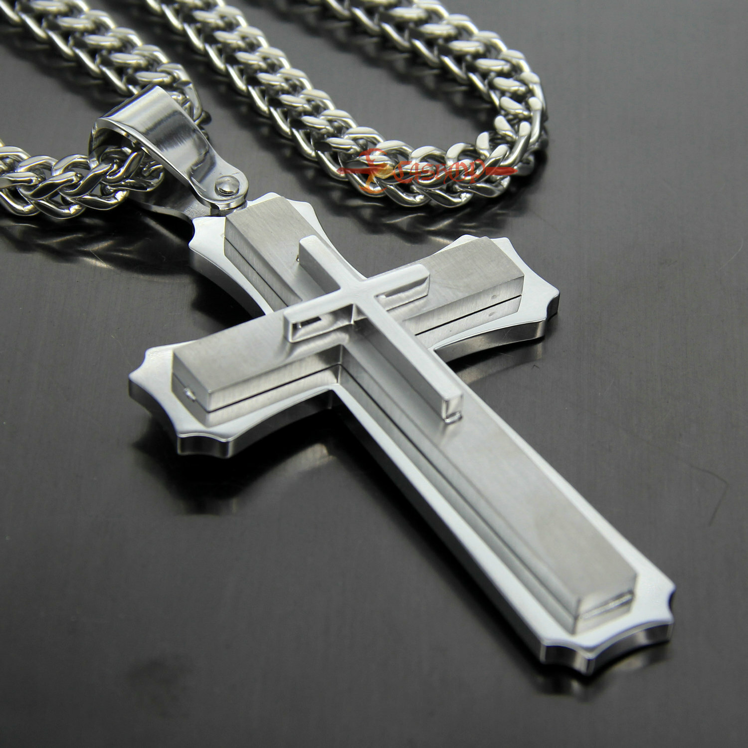 Heavy & Big Mens 3 Layer Stainless Steel Christian Cross Pendant Necklace Silver