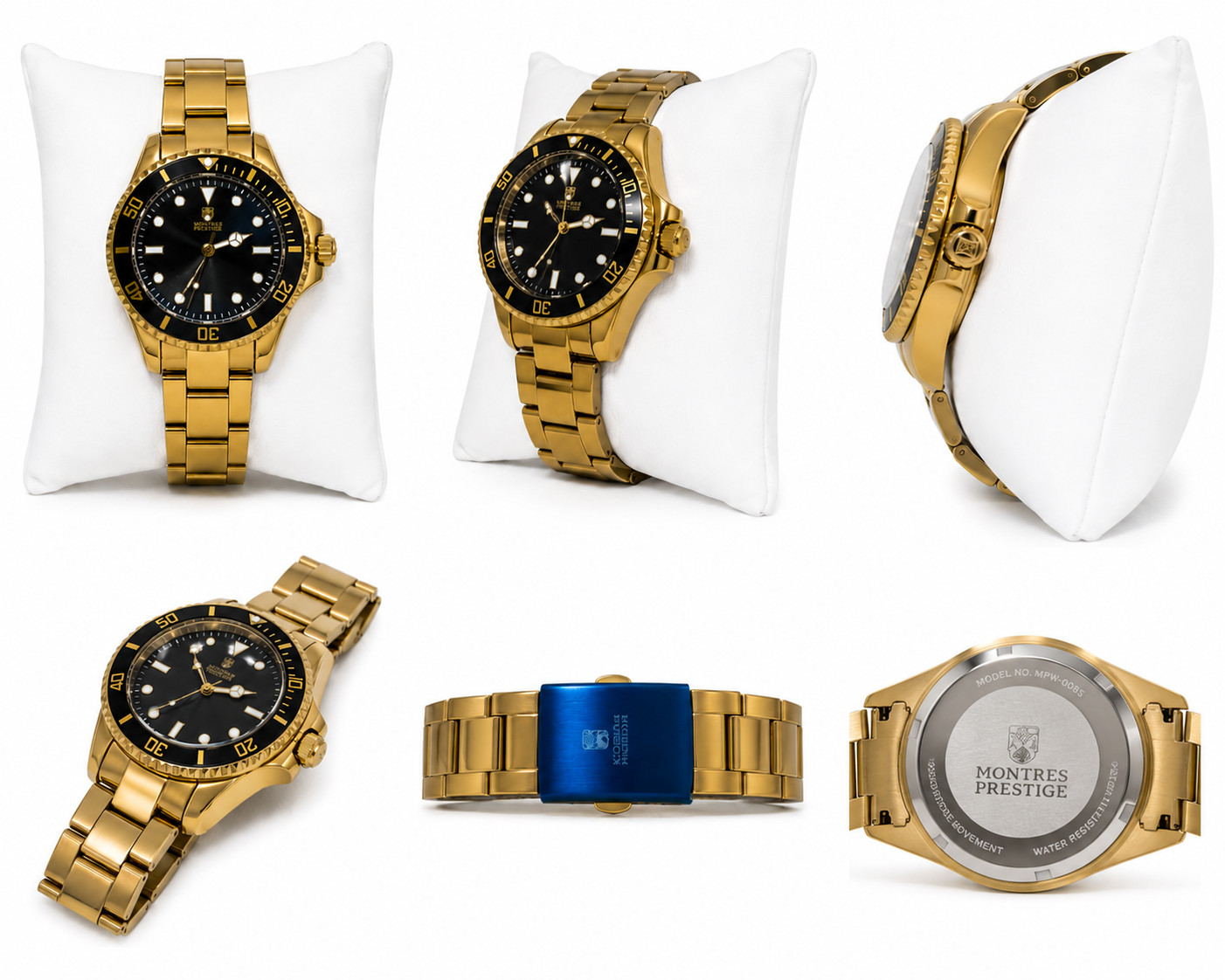 Montres Prestige MPW-0085 Gold Tone Diver Style Watch Black Dial w/ Box NEW