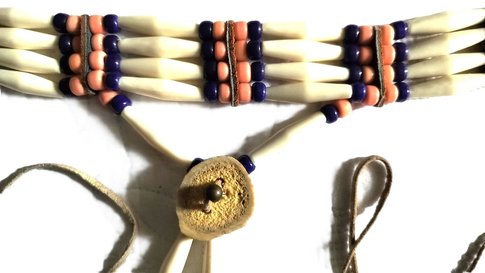 Vintage Native American Buffalo Bone Abalone Beads Leather Choker Necklace VGC!