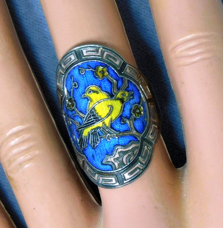 Vtg Chinese Export Sterling Silver Cloisonne Enamel Lovebirds Cigar Band Ring