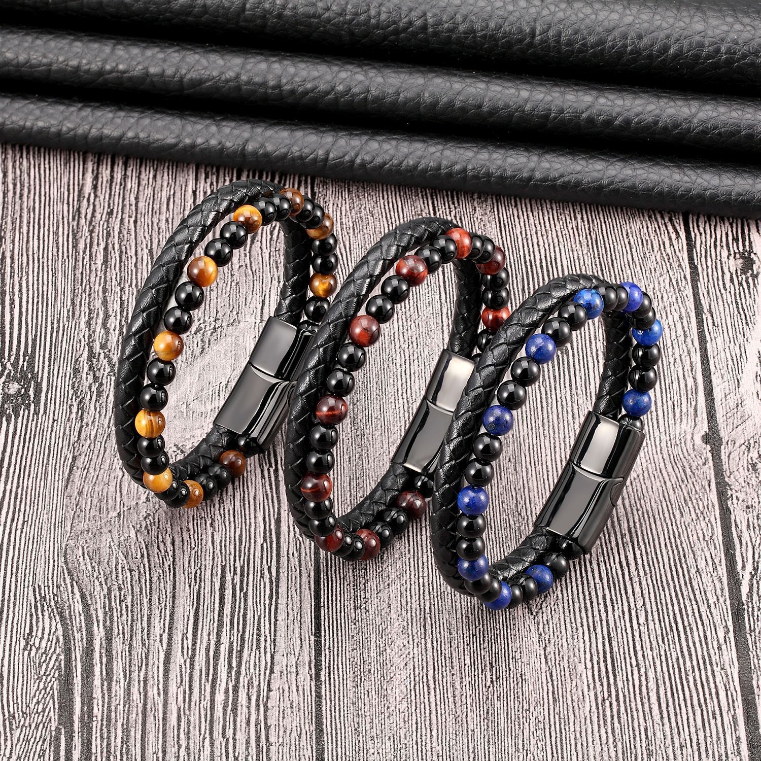Obsidian Tiger Eye Beaded Protection Strength Healing Men Leather Bracelet Gifts