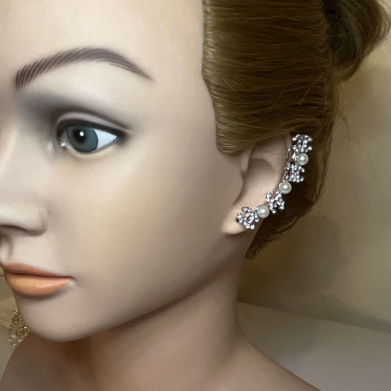 Fashion Jewelry Silver Tone Rhinestone Pearl Ear Cuff Climber Earrings