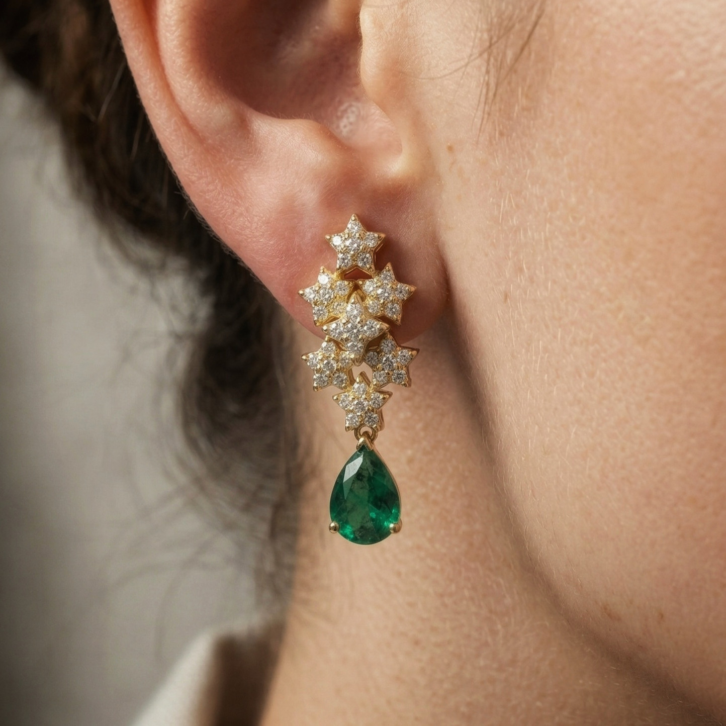 925 Silver Pear Cut Emerald & CZ Stone Drop Earring, Cluster Dangle Earrings