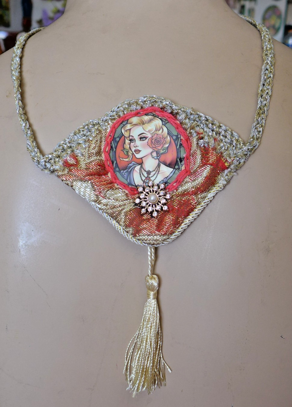 Handmade Crocheted art Necklace Cotton Fabric embroidered crocheted+ Beads