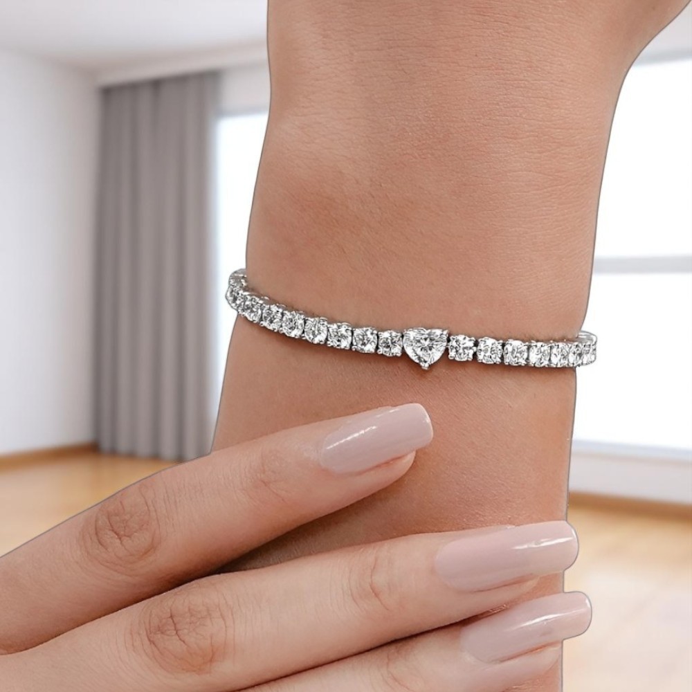 14K White Gold Heart Cut Diamond Bracelet 7 Carat GLI Lab Grown Womens