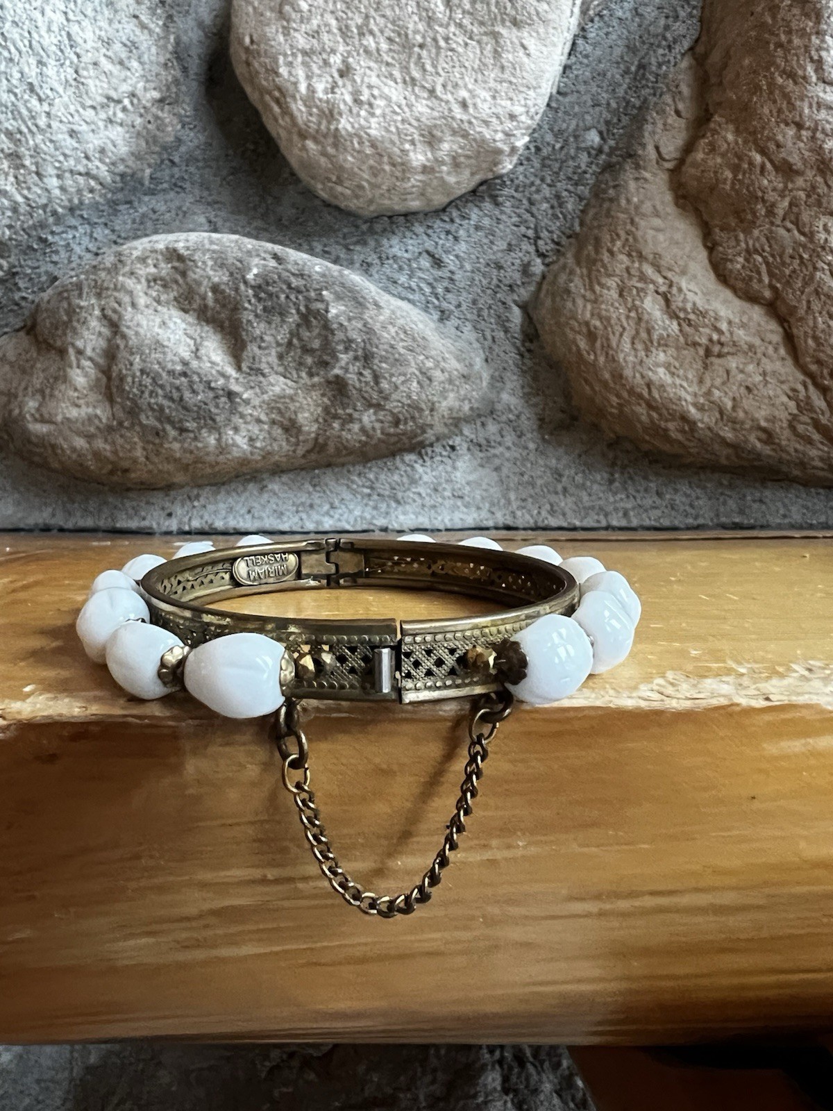 Vintage Miriam Haskell Bracelet 9” Brass Filigree Clasp Glass Beads Safety Chain