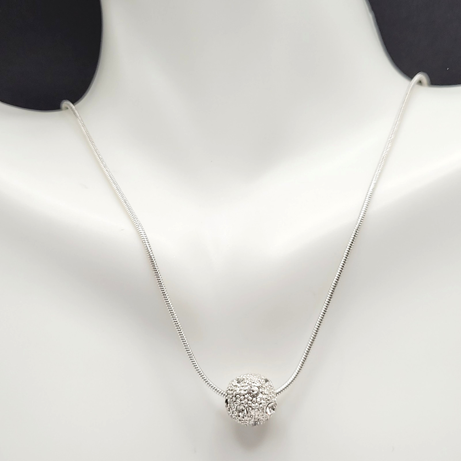 Disco Ball Glitter Sphere Feminine Elegant Style Silver Tone Pendant Necklace