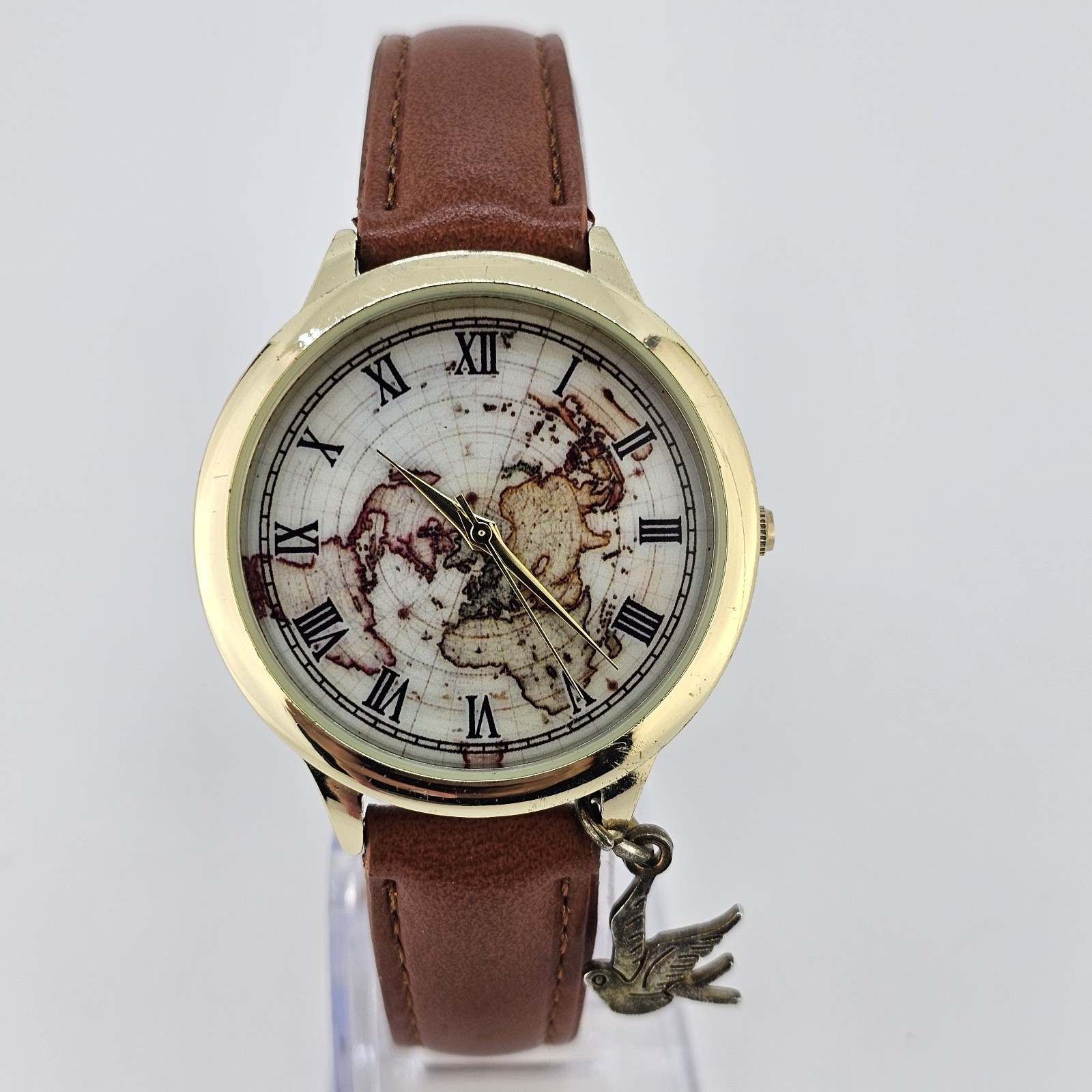 Women’s World Map Watch 38MM Multicolor Dial Brown Leather Bands NEW Battery