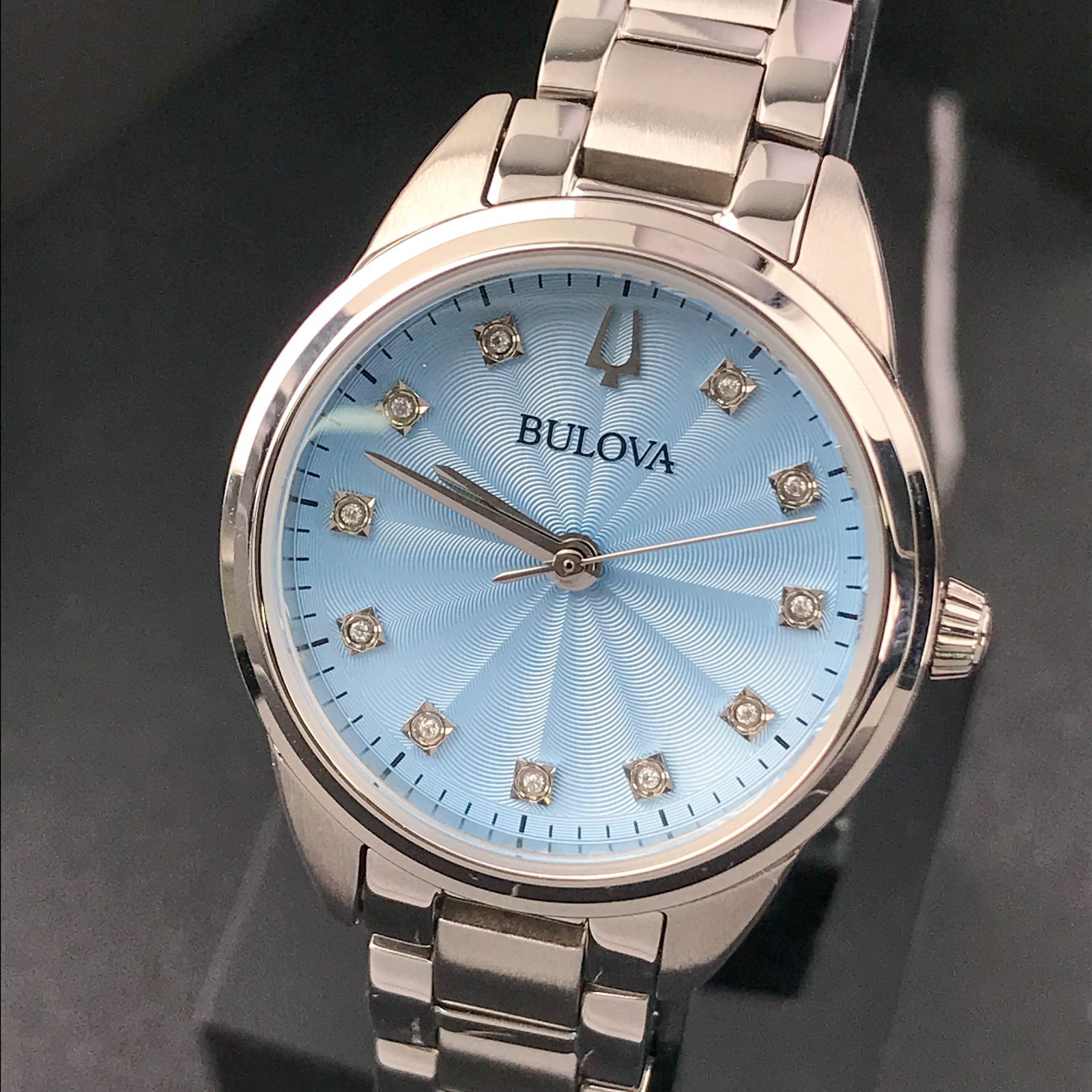Bulova Classic Sutton 96P250 Blue Dial 28MM Quartz Ladies Watch with 11 Diamonds