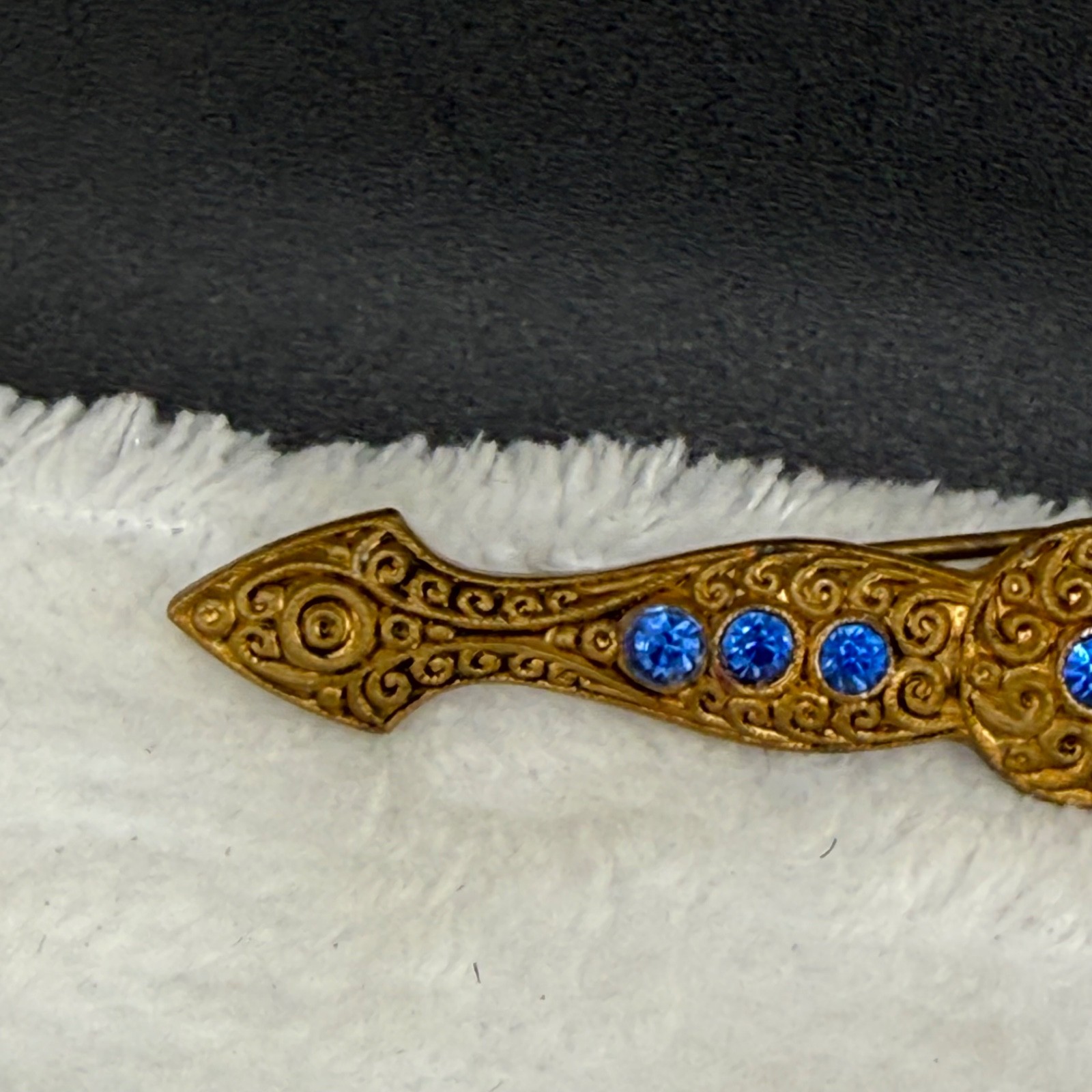 Vintage Art Nouveau Bar Brooch Blue Rhinestone Gold Tone