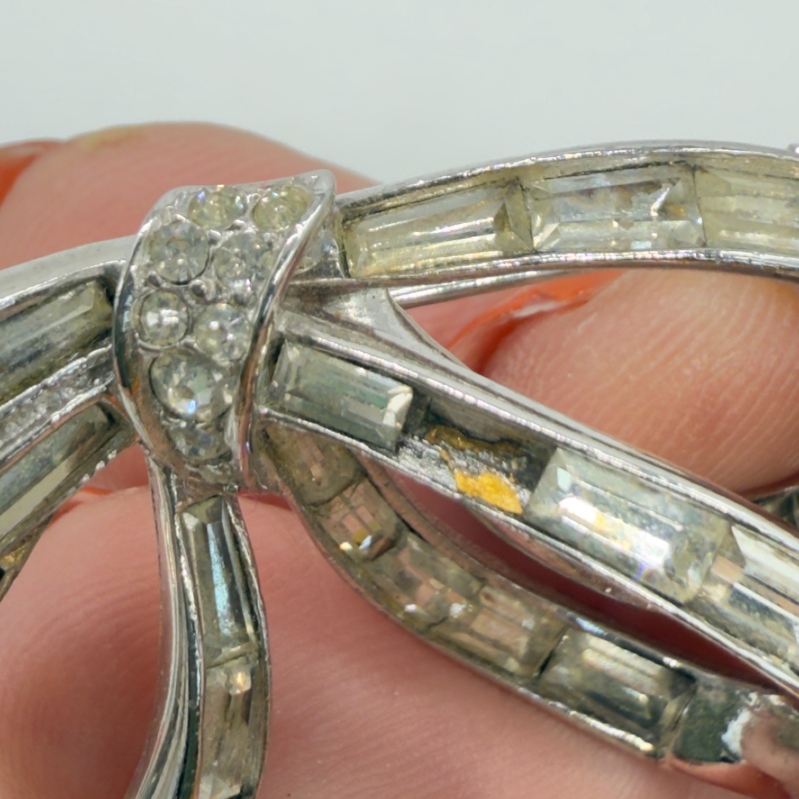 Vintage Marcel Boucher Brooch Bow Baguette Rhinestones 1 Missing Silver Tone