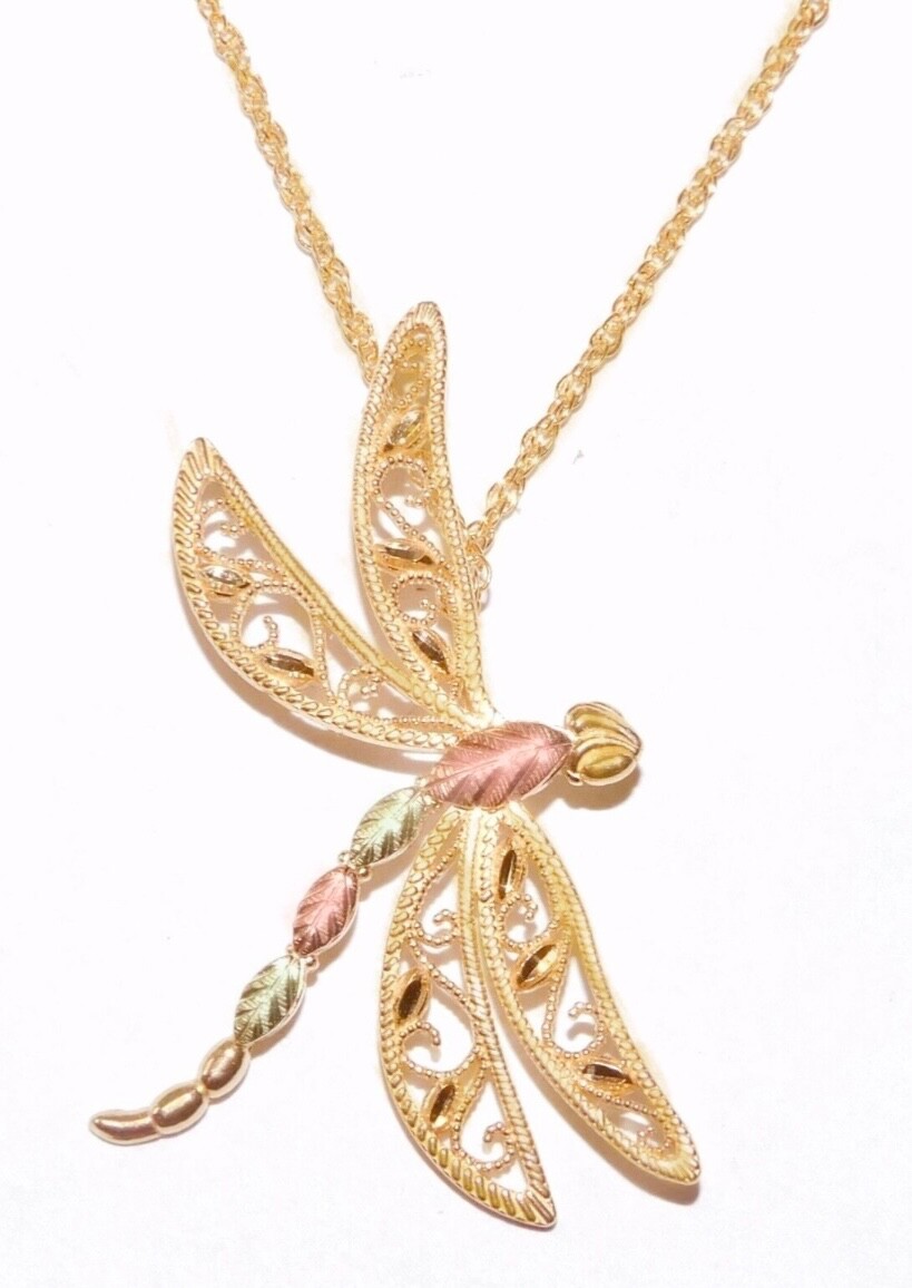 Black Hills Gold 10k 12k Dragonfly Large Version Pendant Necklace