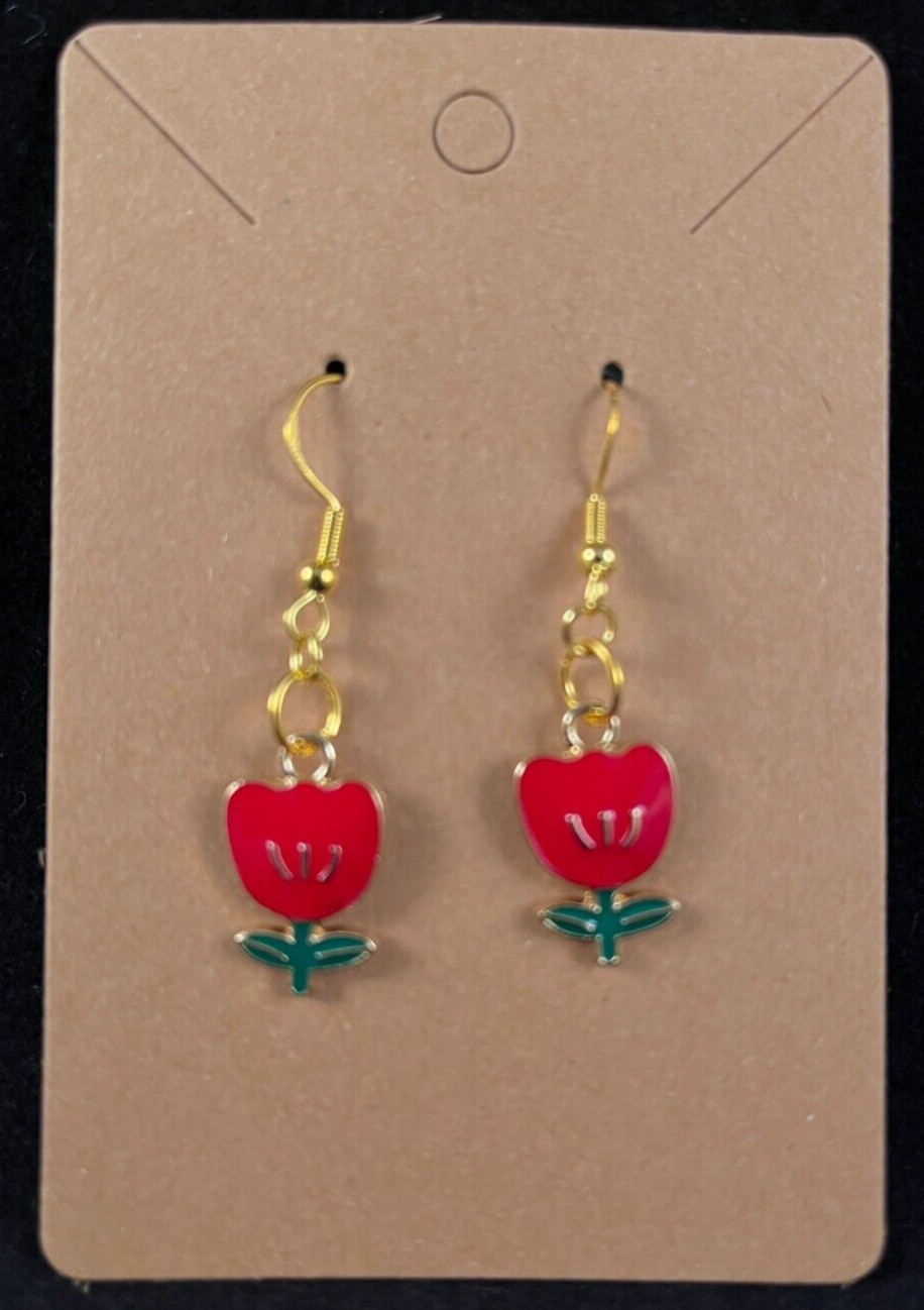 Red Three Petal Flower Earrings – Dangle – Gold Hook – Handmade – Valentine – F