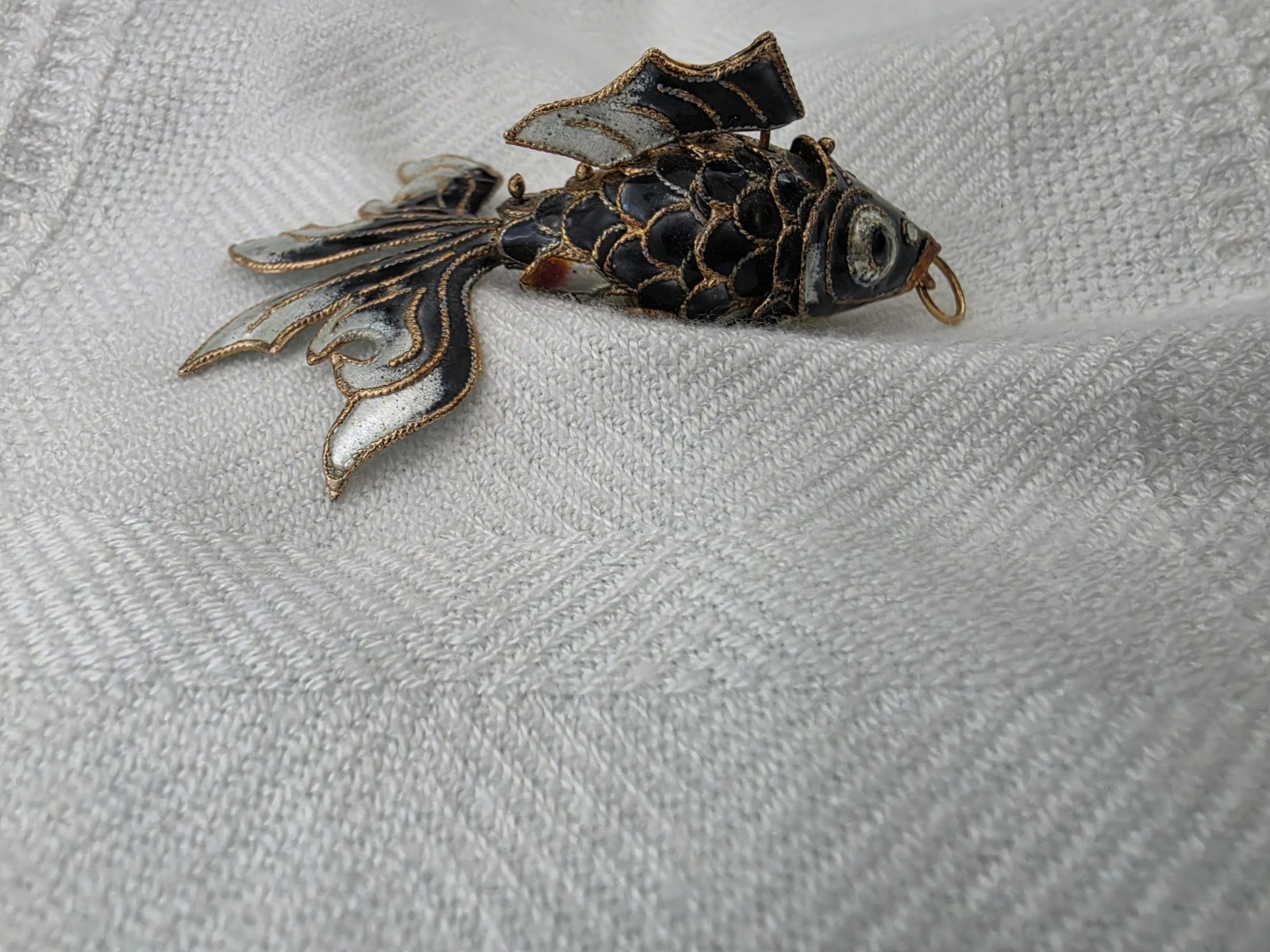 Vintage Articulated Blue Goldfish Beta Koi Fish Cloisonné Pendant- Good Cond.