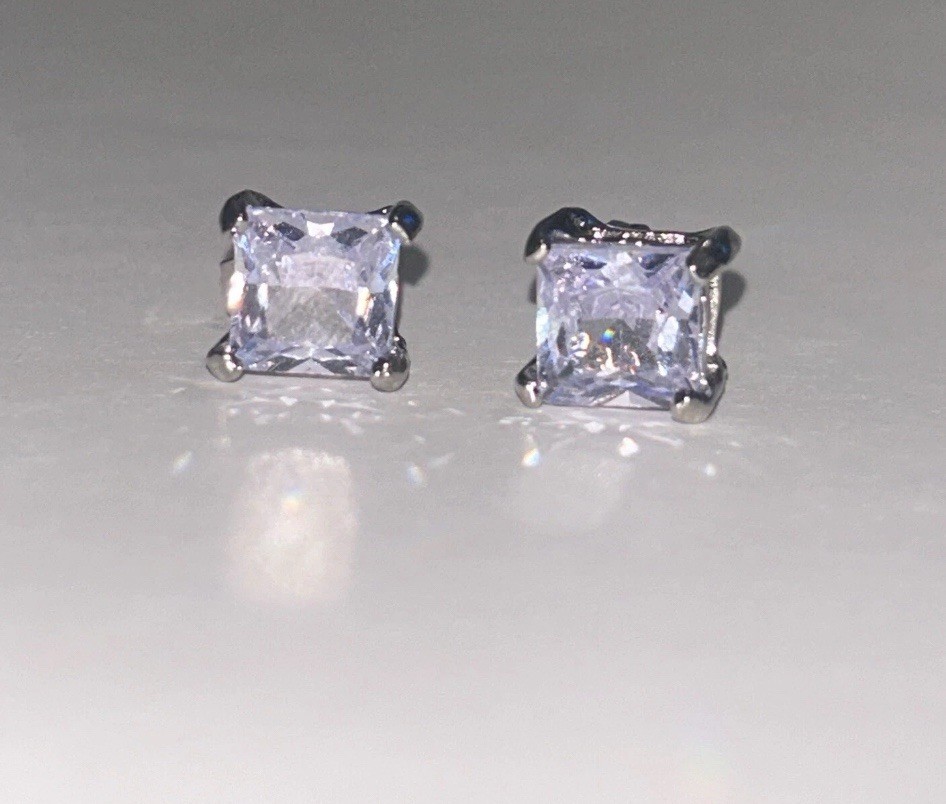 8mm Princess Cut Zircon Stud Earrings Silver Plated Diamond Alternative