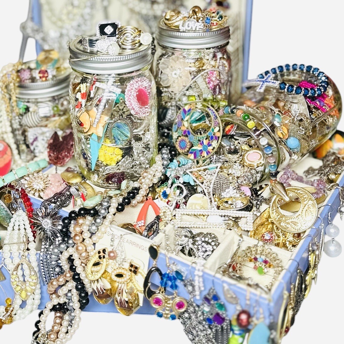 1+Lb Full (1) Ball Mason Jar Mystery Lot All Wearable Jewelry GUC Necklaces Etc.