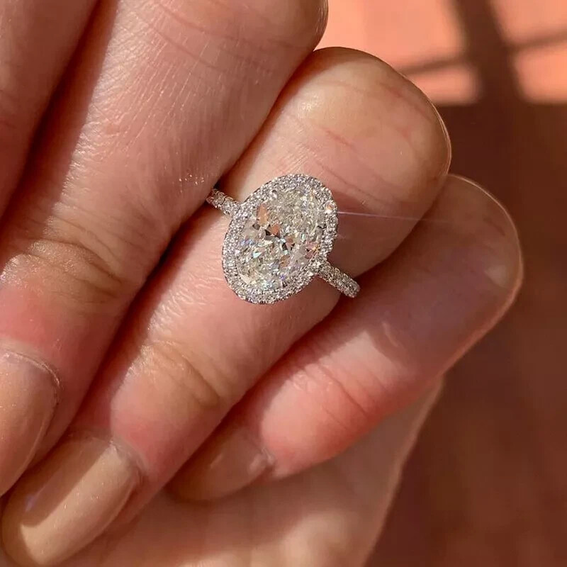 3 Ct Oval Cut Lab Created Diamond Halo Engagement Ring 14K White Gold Plated