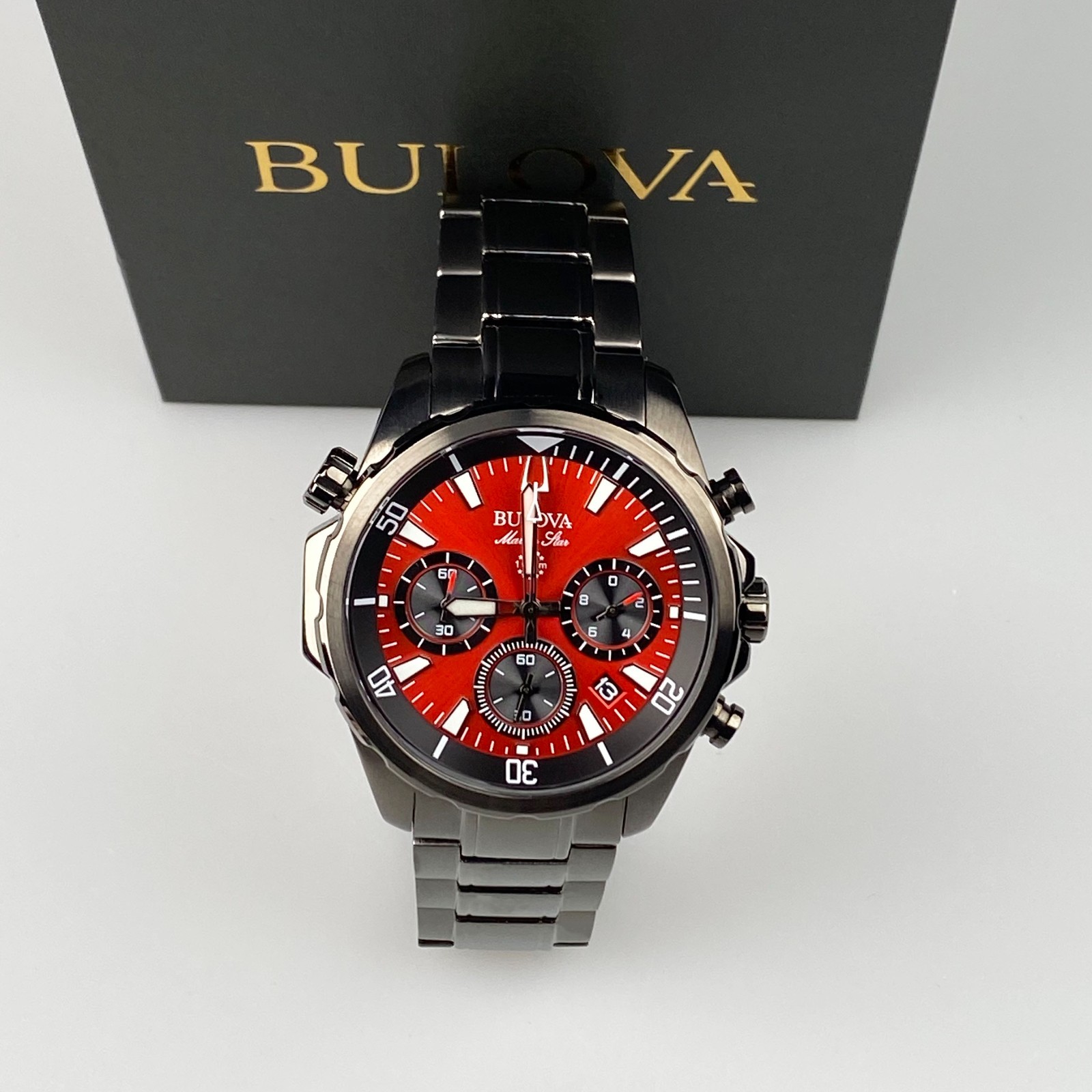 New Bulova 43 mm Marine Star Red Dial Men’s Quartz Chronograph Watch 98B350