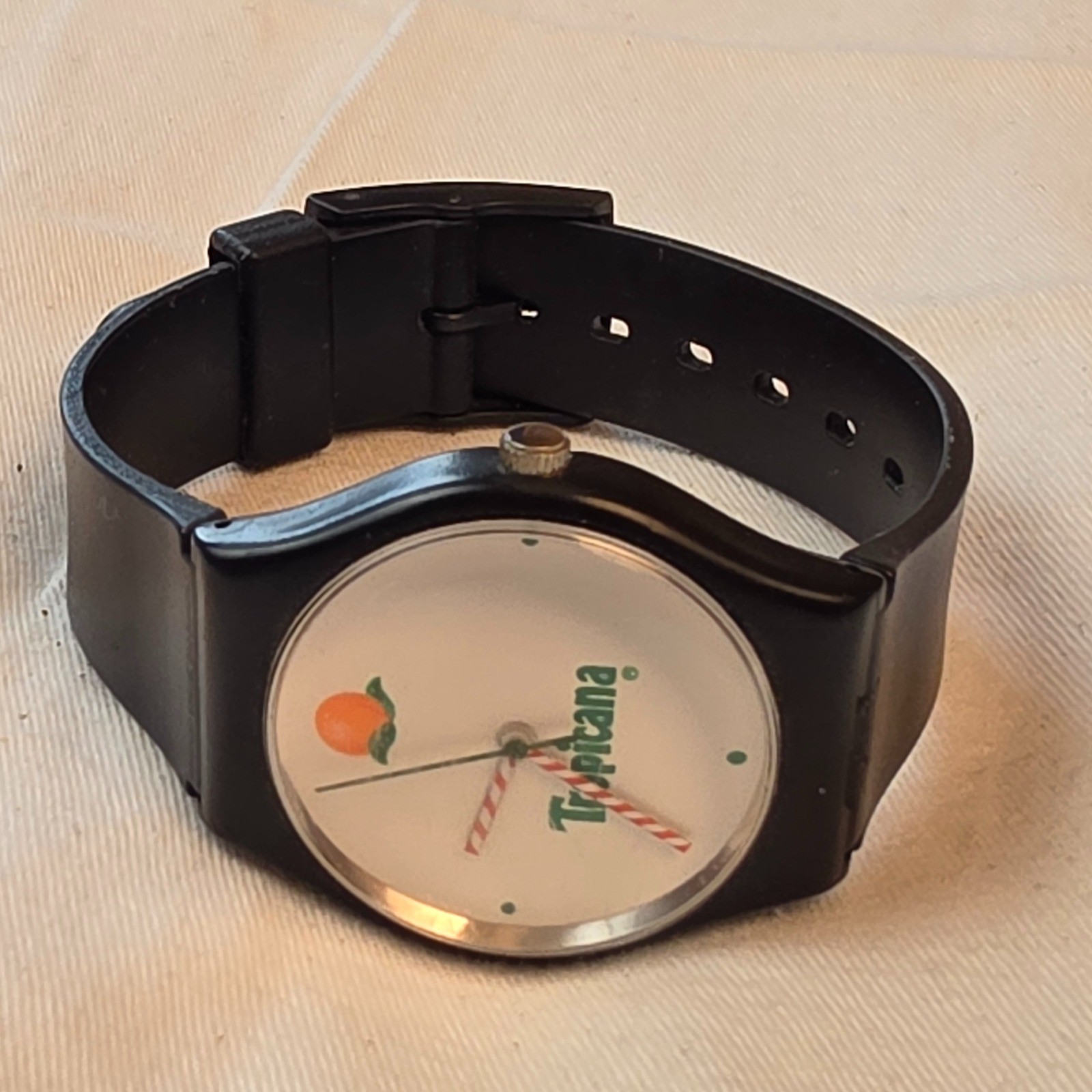 Vintage Tropicana Orange Juice Novelty Quartz Watch Straw Hands Black Strap